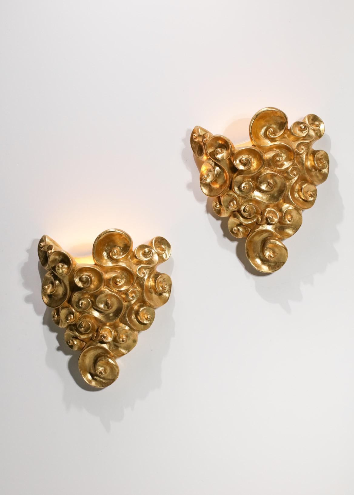 Gilt Pair of Jean Boggio Gilded Plaster Wall Lights for Les Héritiers
