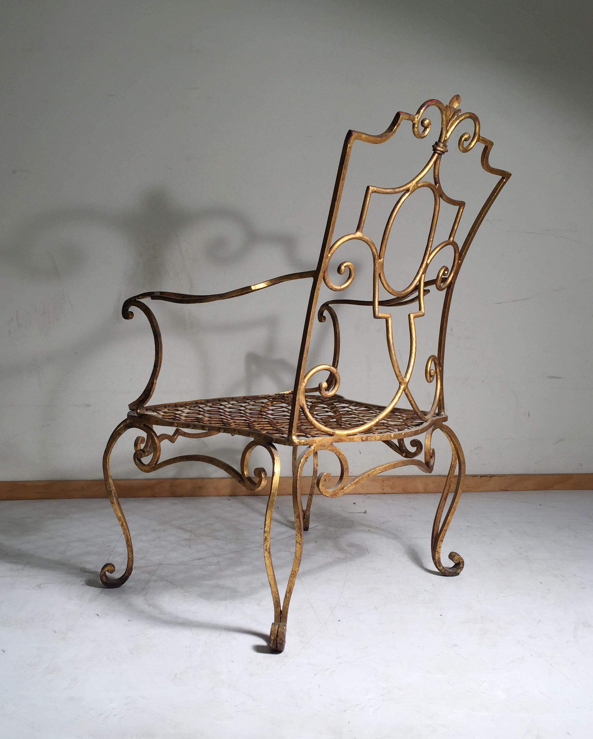 French Pair of Jean Charles Moreux Gilt Iron Lounge Chairs For Sale