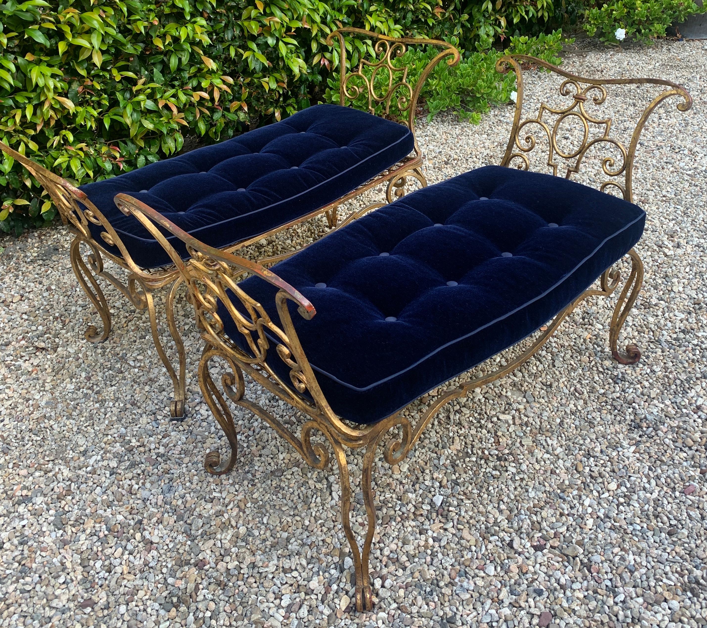 Pair of Jean-Charles Moreux Gilt Wrought Iron Benches with Mohair Cushions 4