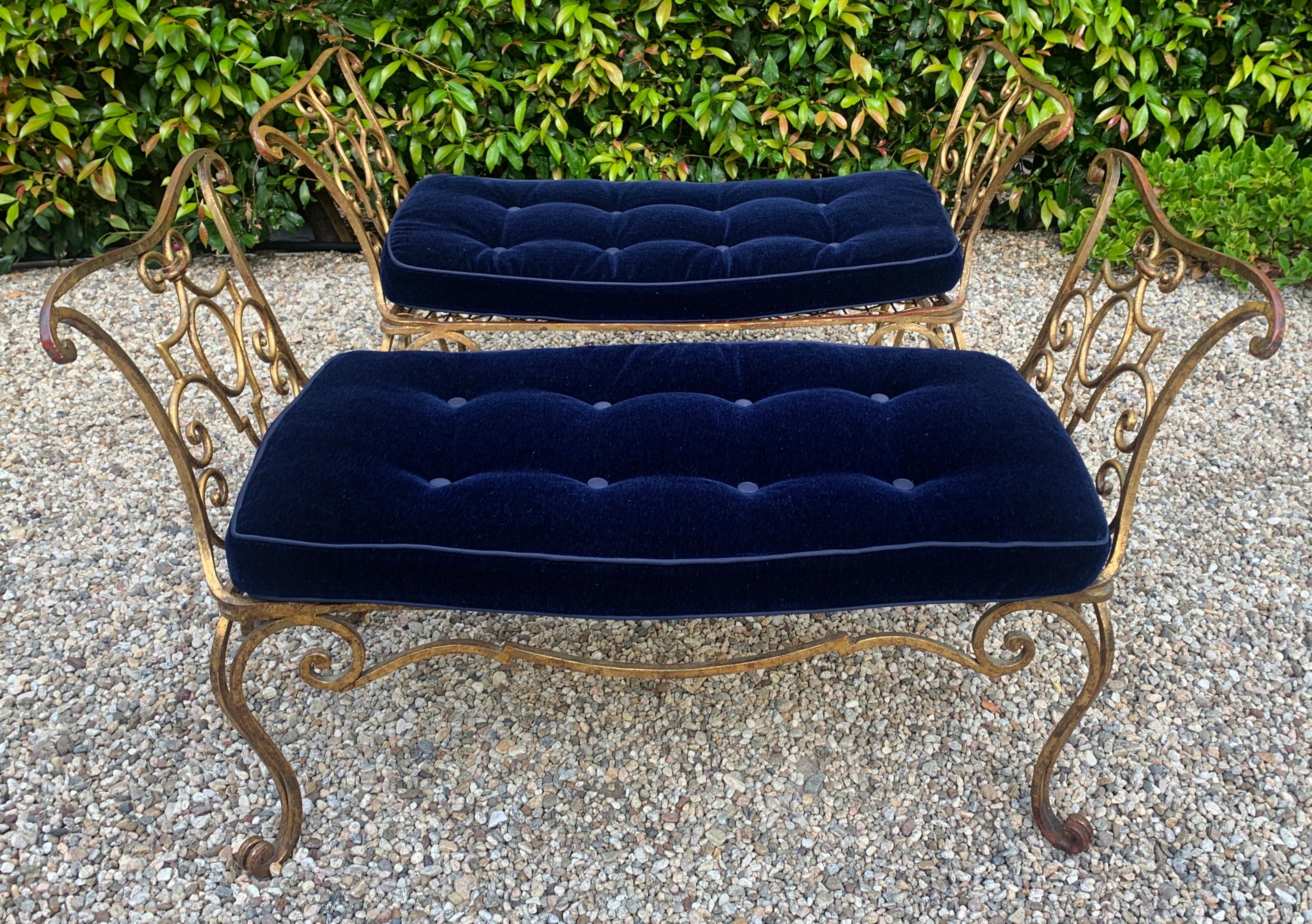 Pair of Jean-Charles Moreux Gilt Wrought Iron Benches with Mohair Cushions 5