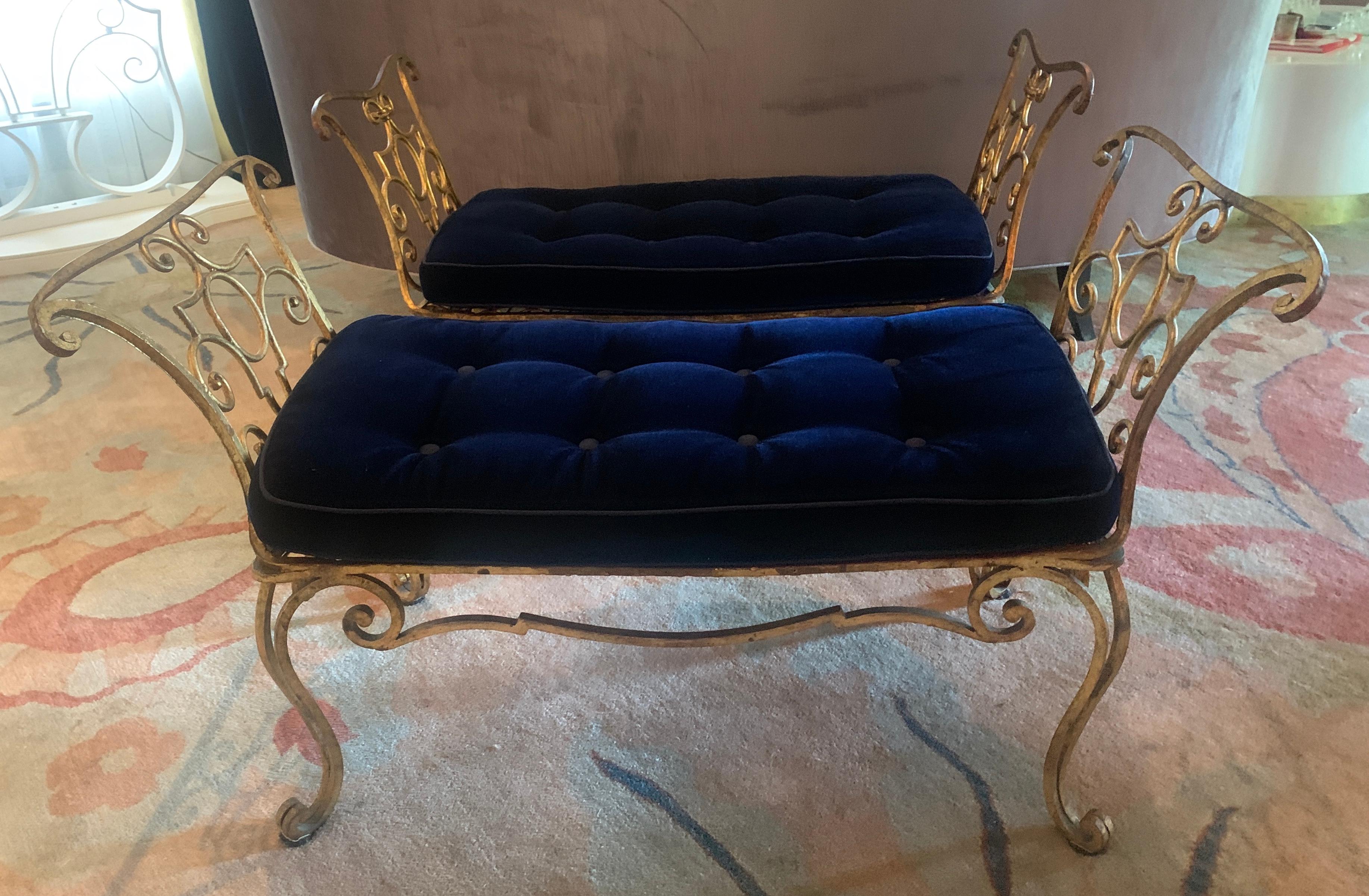 Pair of Jean-Charles Moreux Gilt Wrought Iron Benches with Mohair Cushions 6