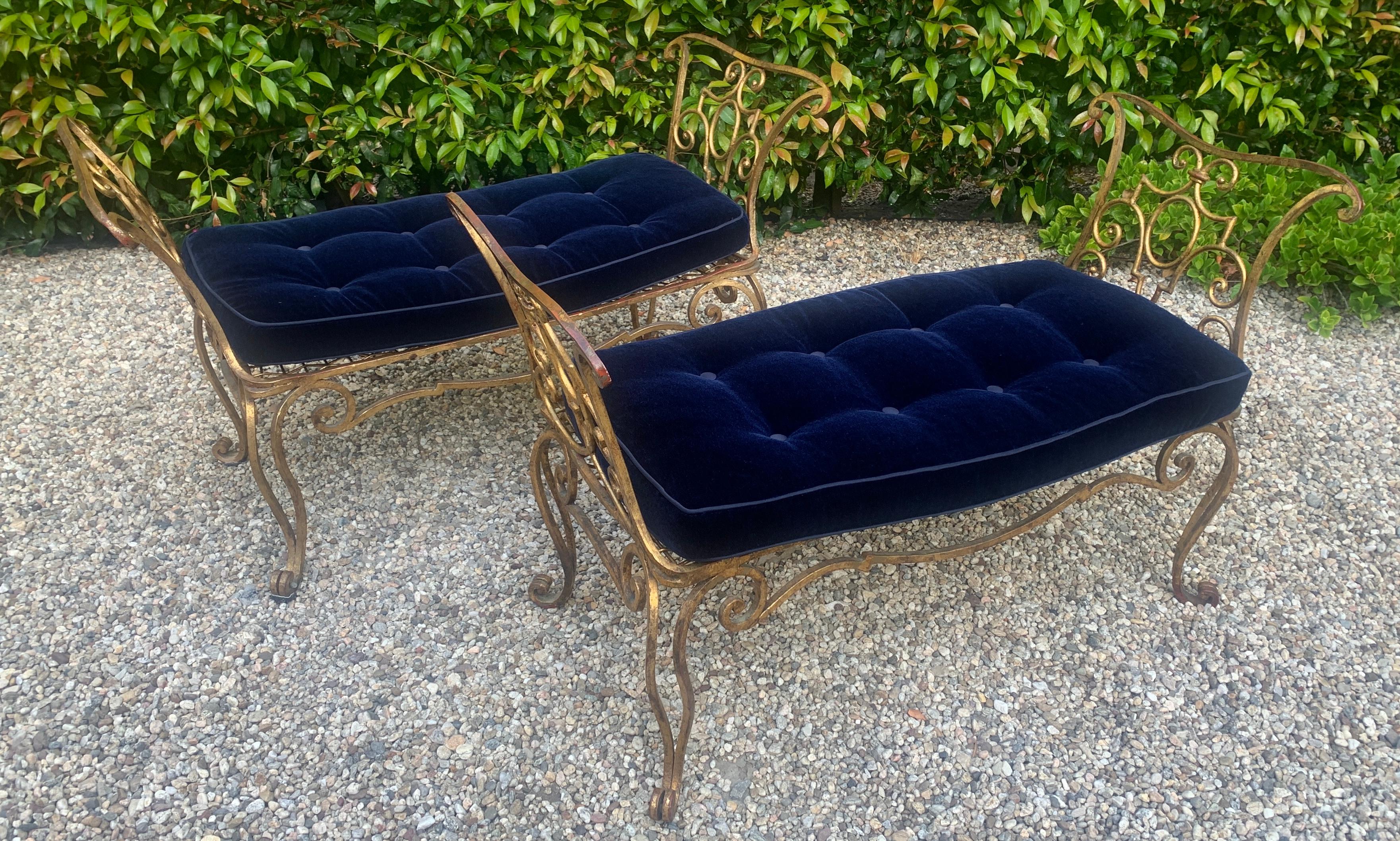 Pair of Jean-Charles Moreux Gilt Wrought Iron Benches with Mohair Cushions 7