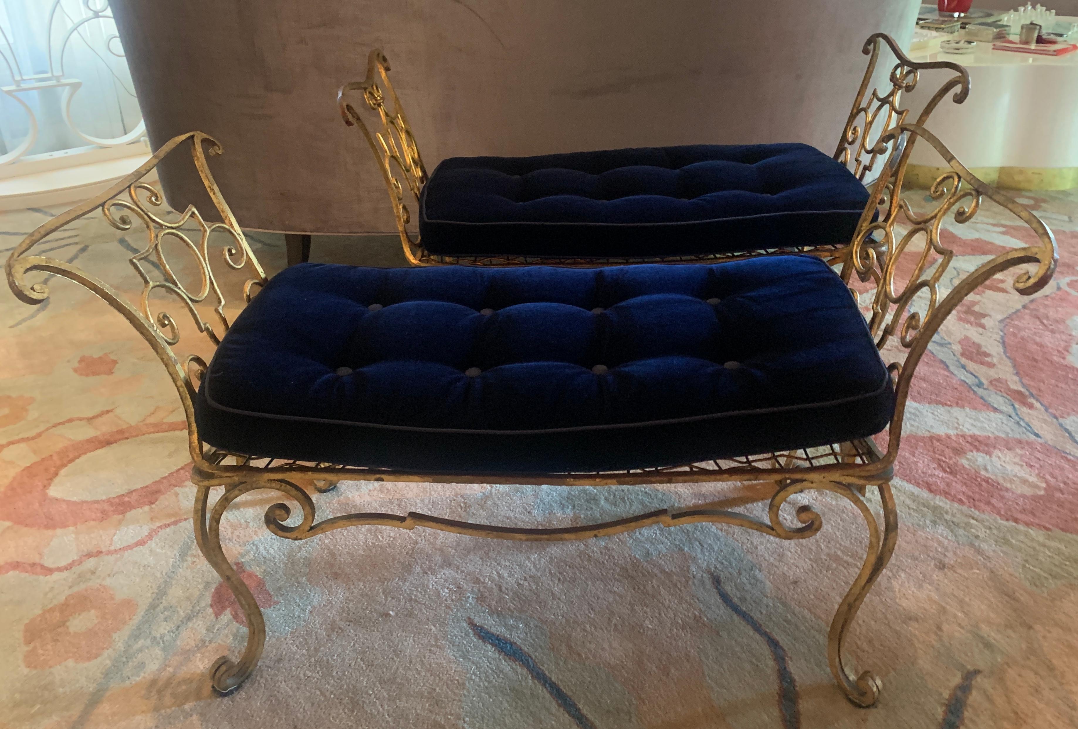 Pair of Jean-Charles Moreux Gilt Wrought Iron Benches with Mohair Cushions 8