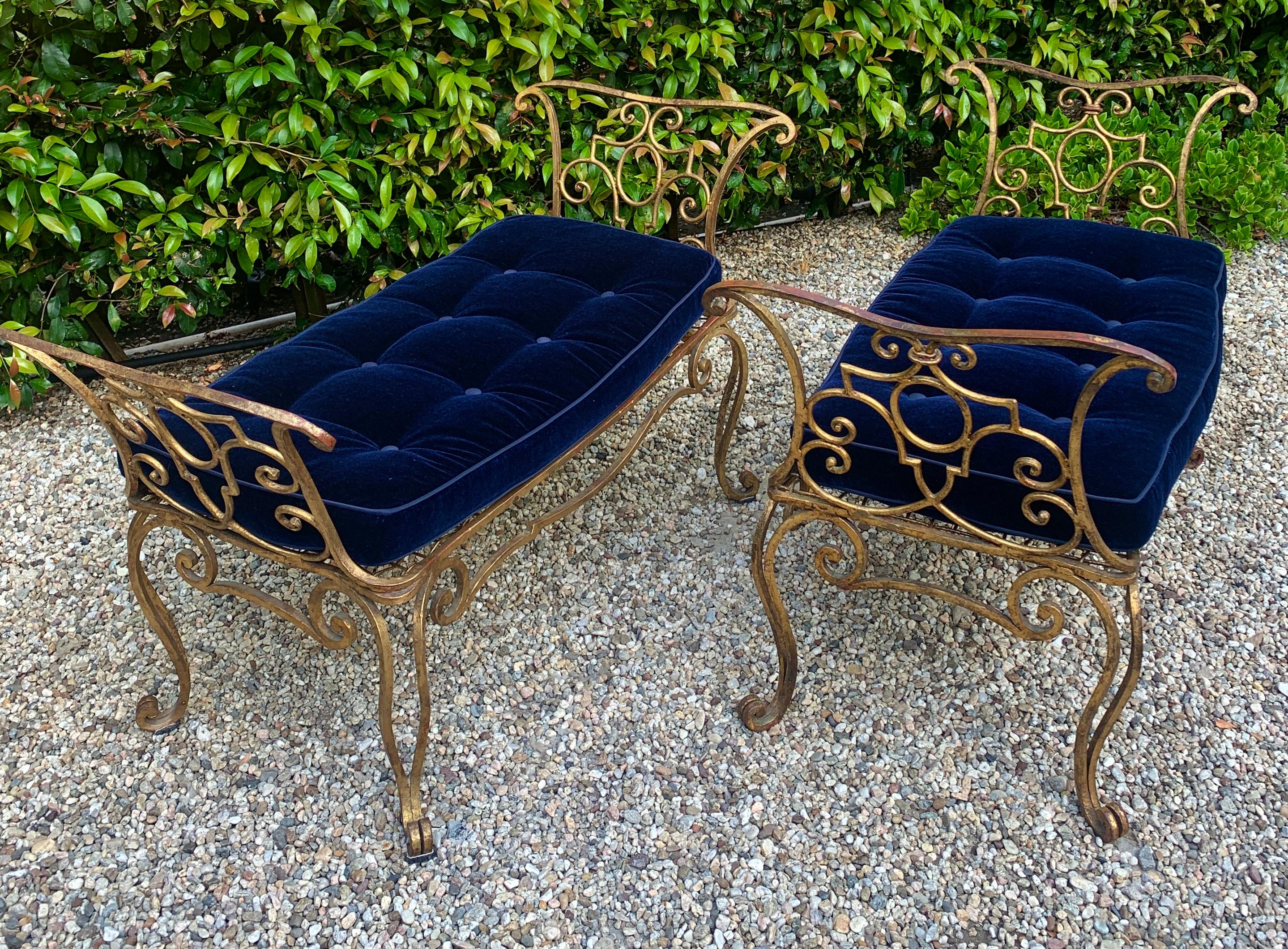 Pair of Jean-Charles Moreux Gilt Wrought Iron Benches with Mohair Cushions 9