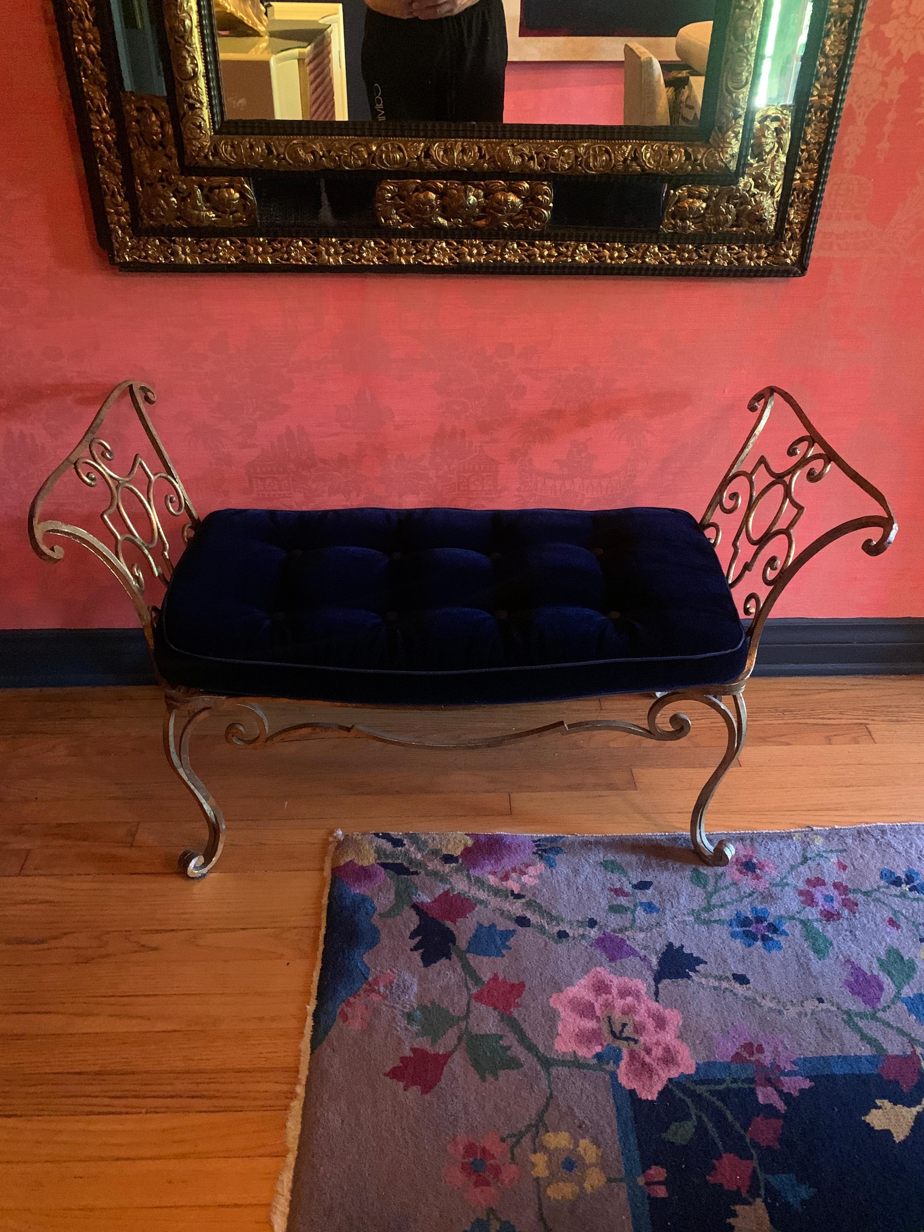 Pair of Jean-Charles Moreux Gilt Wrought Iron Benches with Mohair Cushions 11