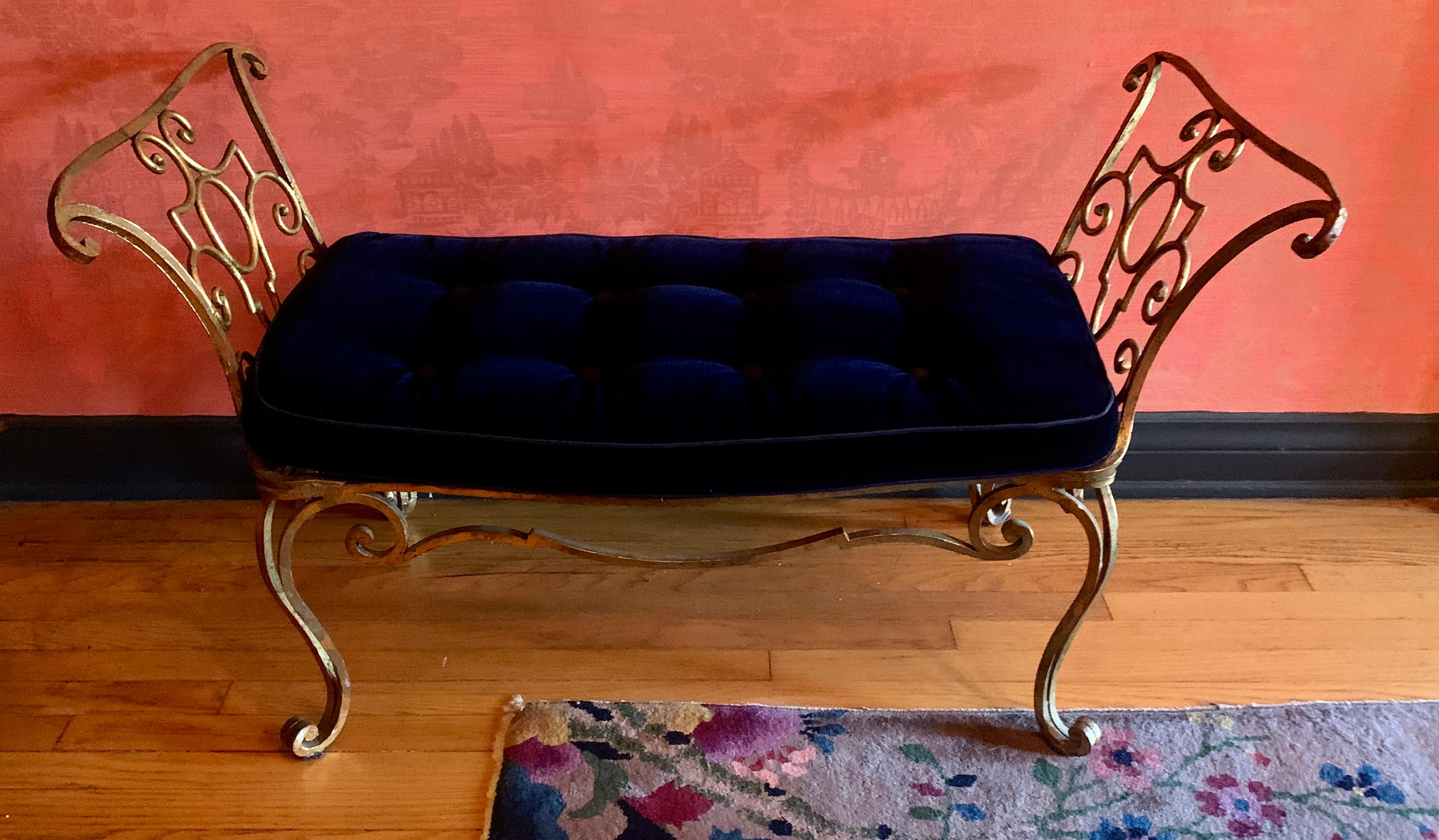 Pair of Jean-Charles Moreux Gilt Wrought Iron Benches with Mohair Cushions 12
