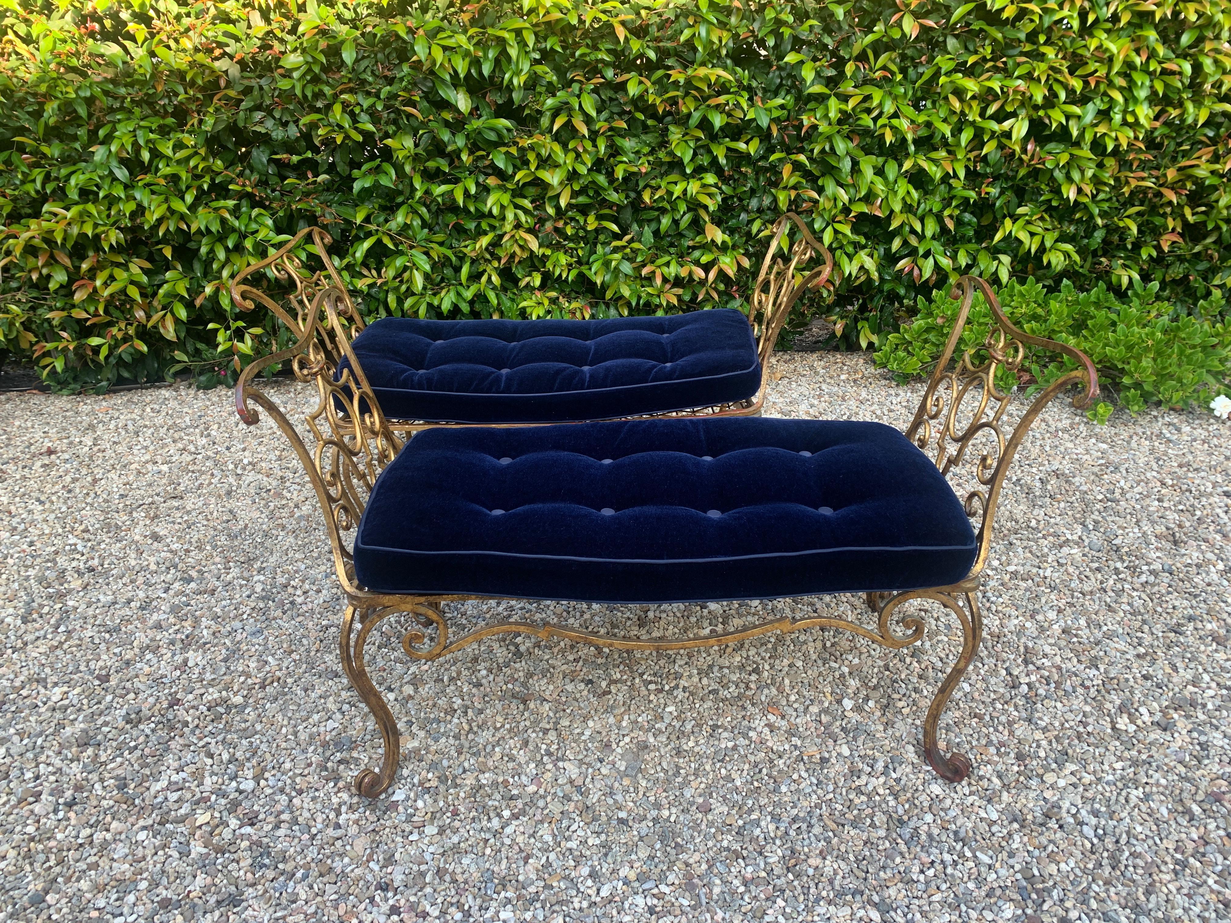 Mid-Century Modern Pair of Jean-Charles Moreux Gilt Wrought Iron Benches with Mohair Cushions