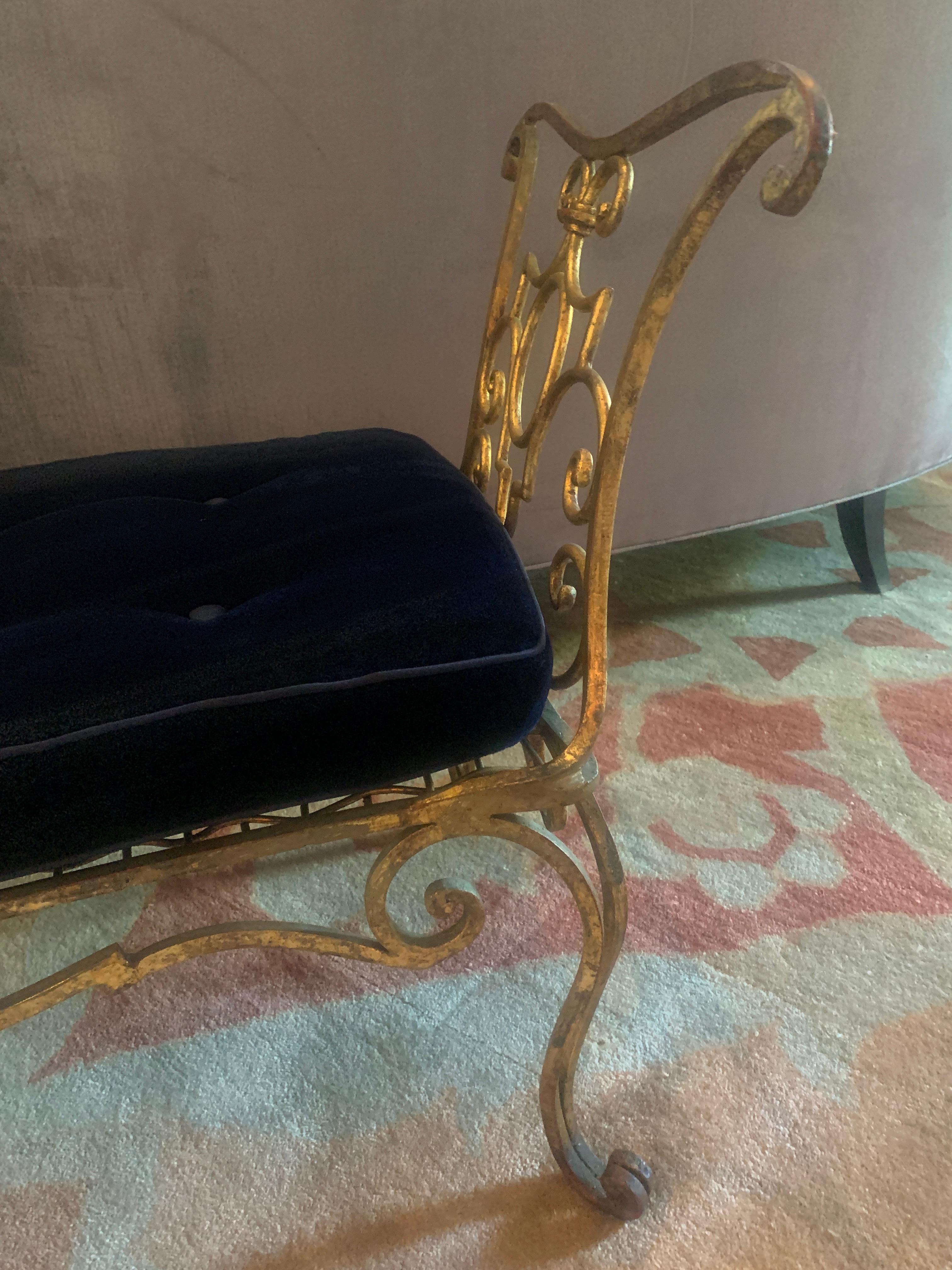 Pair of Jean-Charles Moreux Gilt Wrought Iron Benches with Mohair Cushions 3