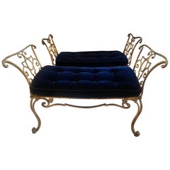 Pair of Jean-Charles Moreux Gilt Wrought Iron Benches with Mohair Cushions