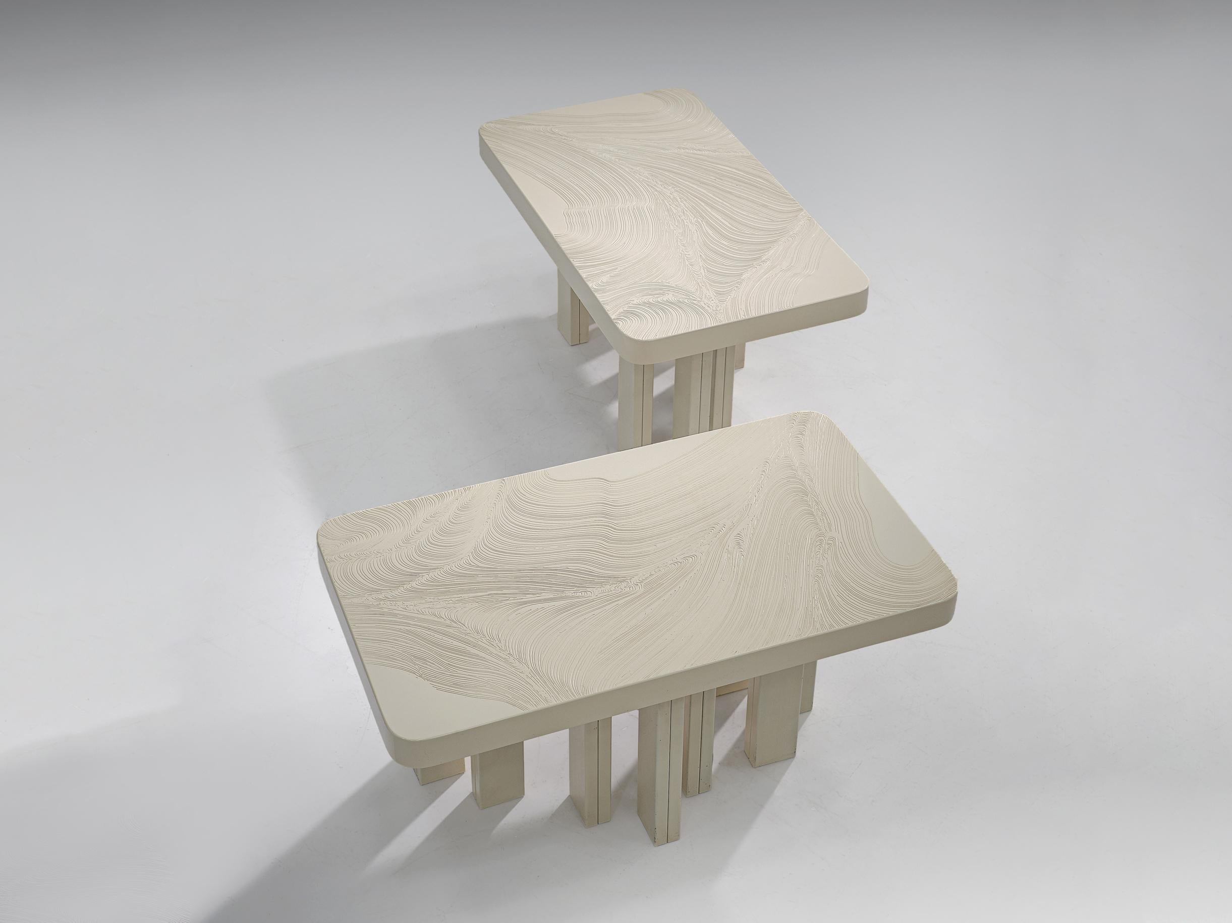 Belgian Pair of Jean Claude Dresse Side Tables in Sculpted Off-White Resin