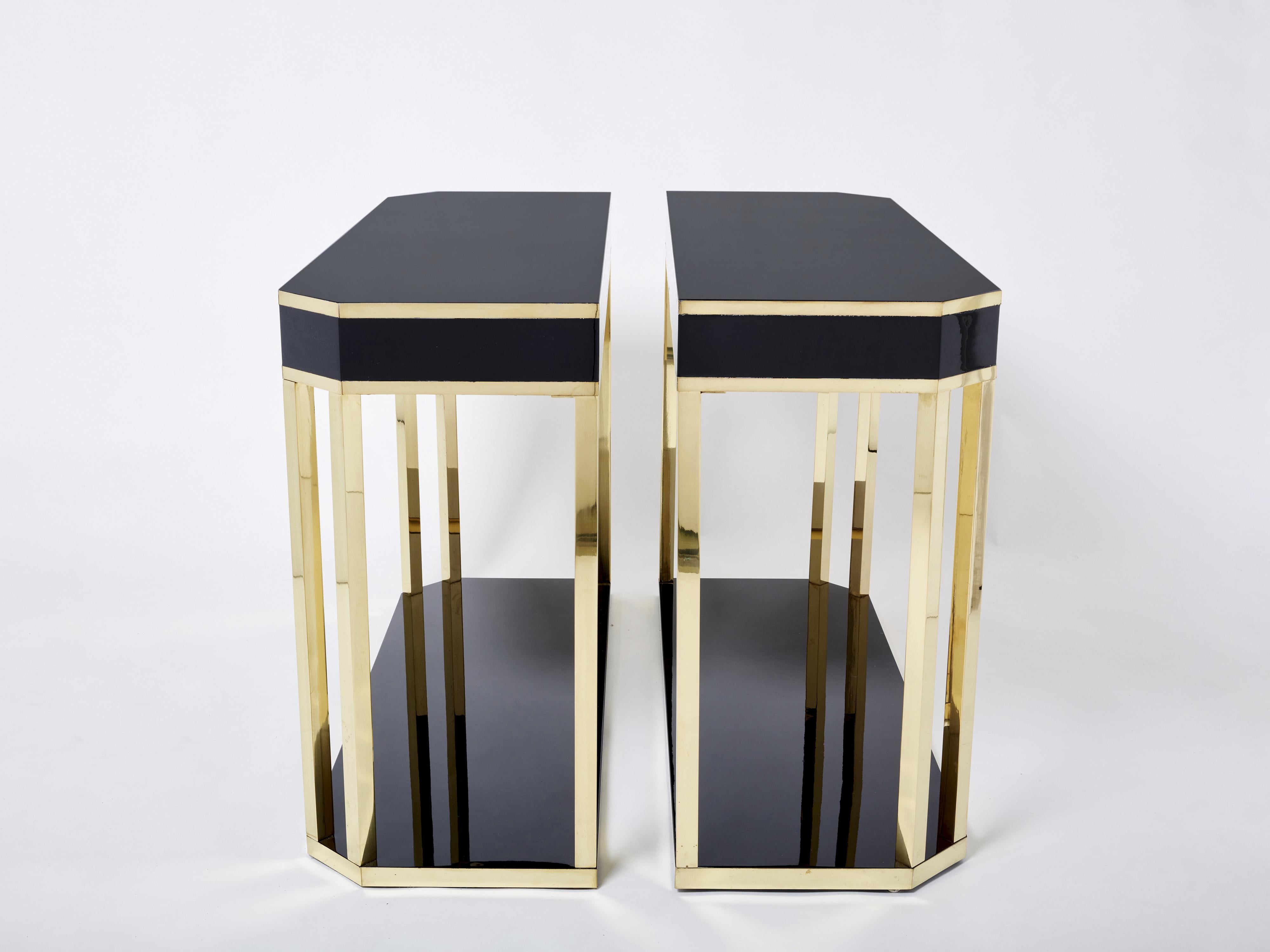 Pair of Jean-Claude Mahey Black Lacquered Brass Console Tables, 1970s For Sale 7