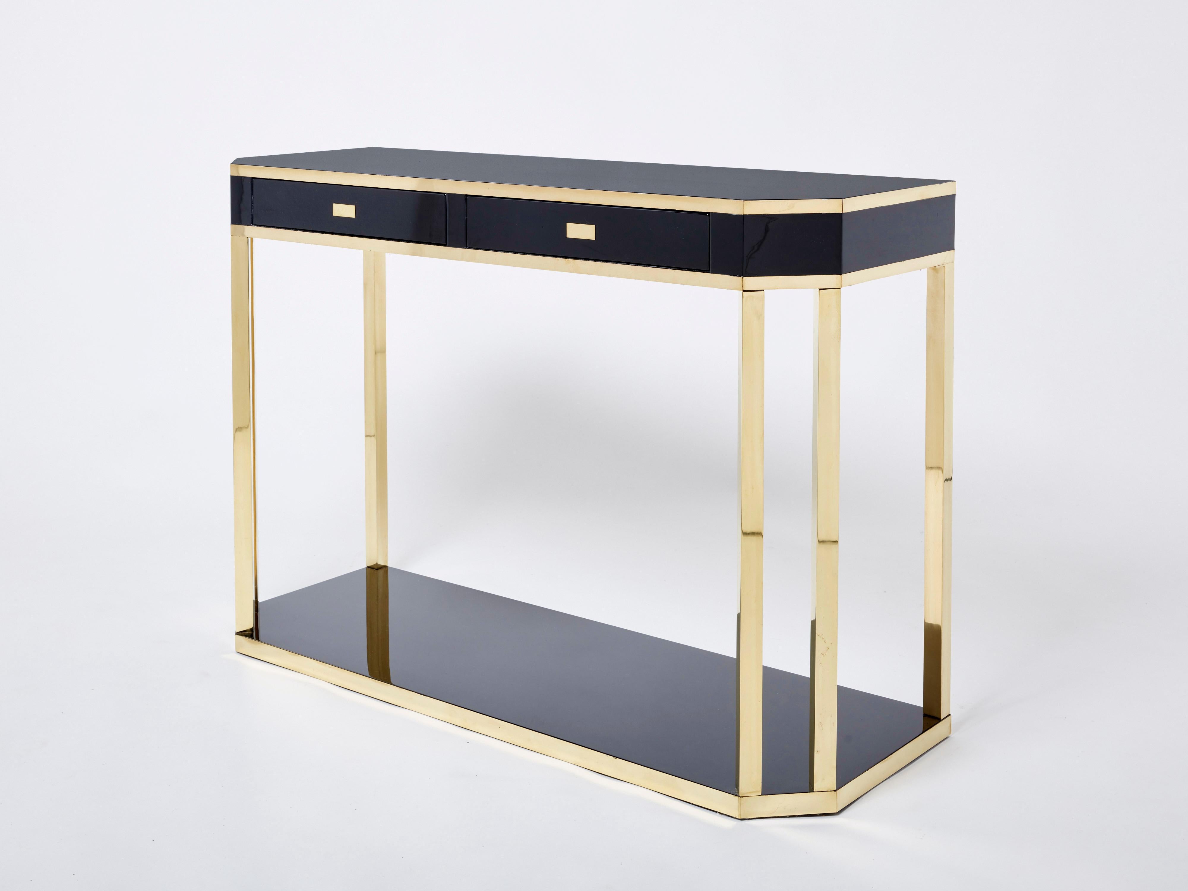 Pair of Jean-Claude Mahey Black Lacquered Brass Console Tables, 1970s For Sale 8