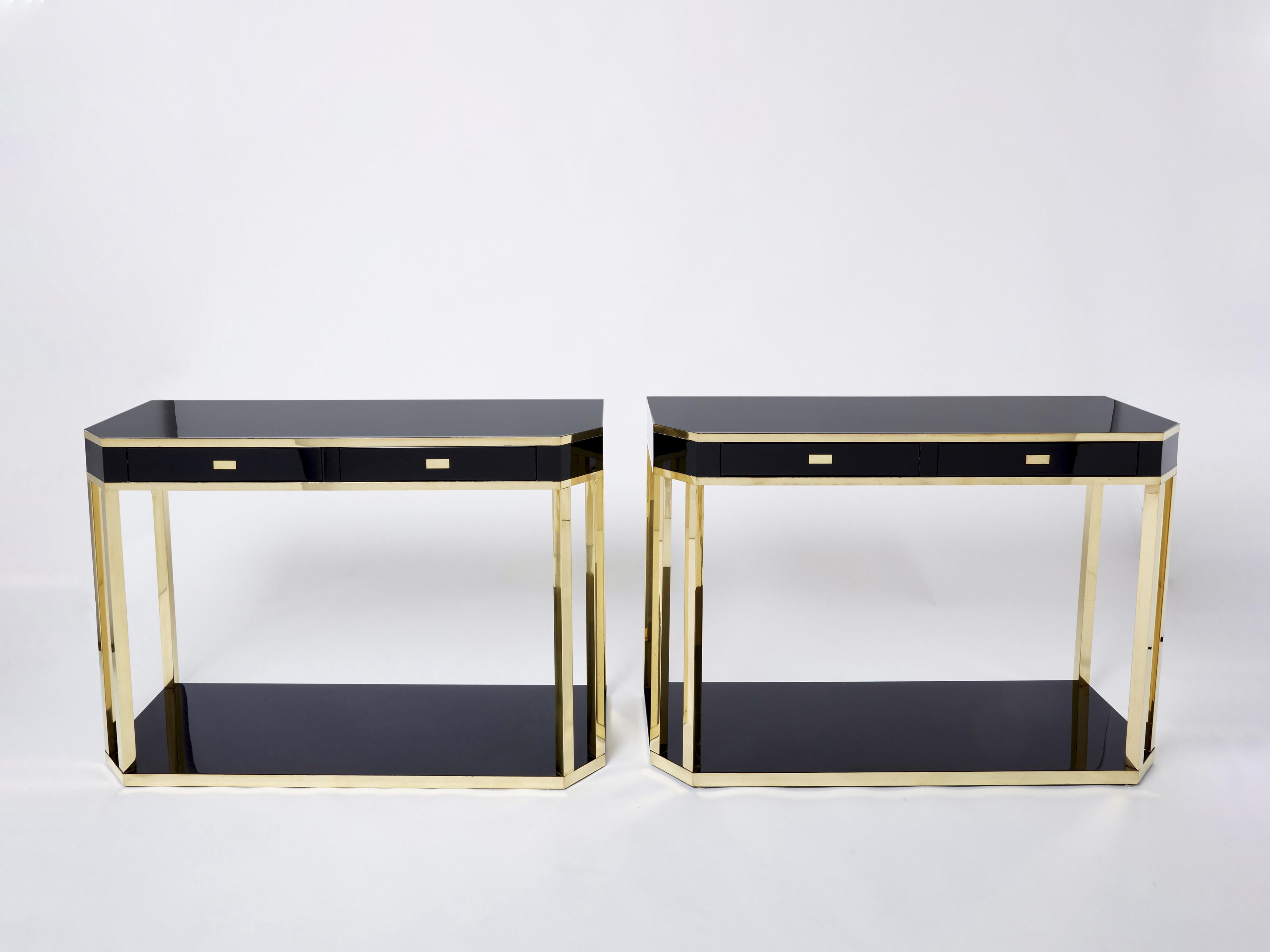 French Pair of Jean-Claude Mahey Black Lacquered Brass Console Tables, 1970s For Sale