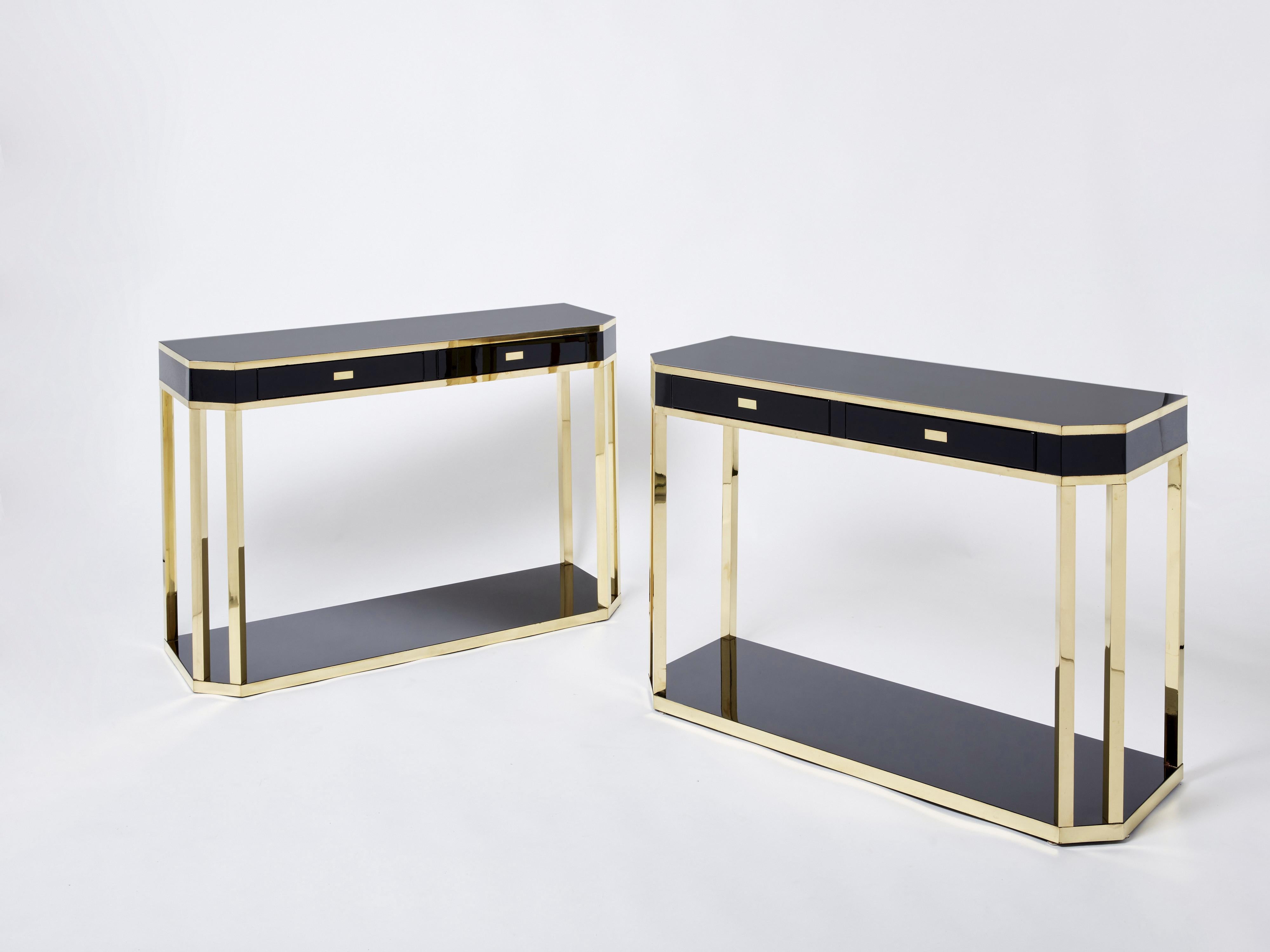 Mid-Century Modern Pair of Jean-Claude Mahey Black Lacquered Brass Console Tables, 1970s For Sale