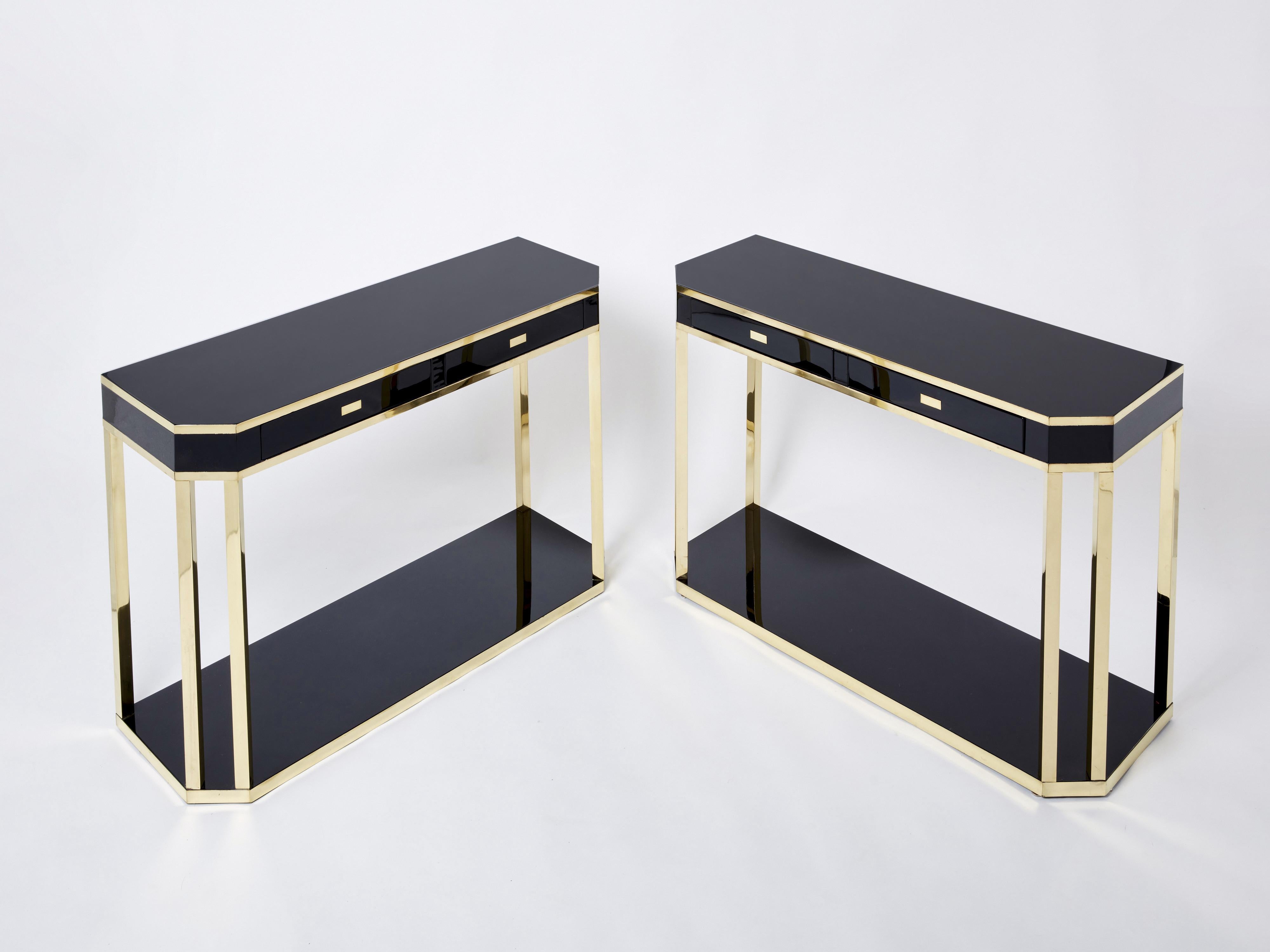 Pair of Jean-Claude Mahey Black Lacquered Brass Console Tables, 1970s In Good Condition For Sale In Paris, IDF
