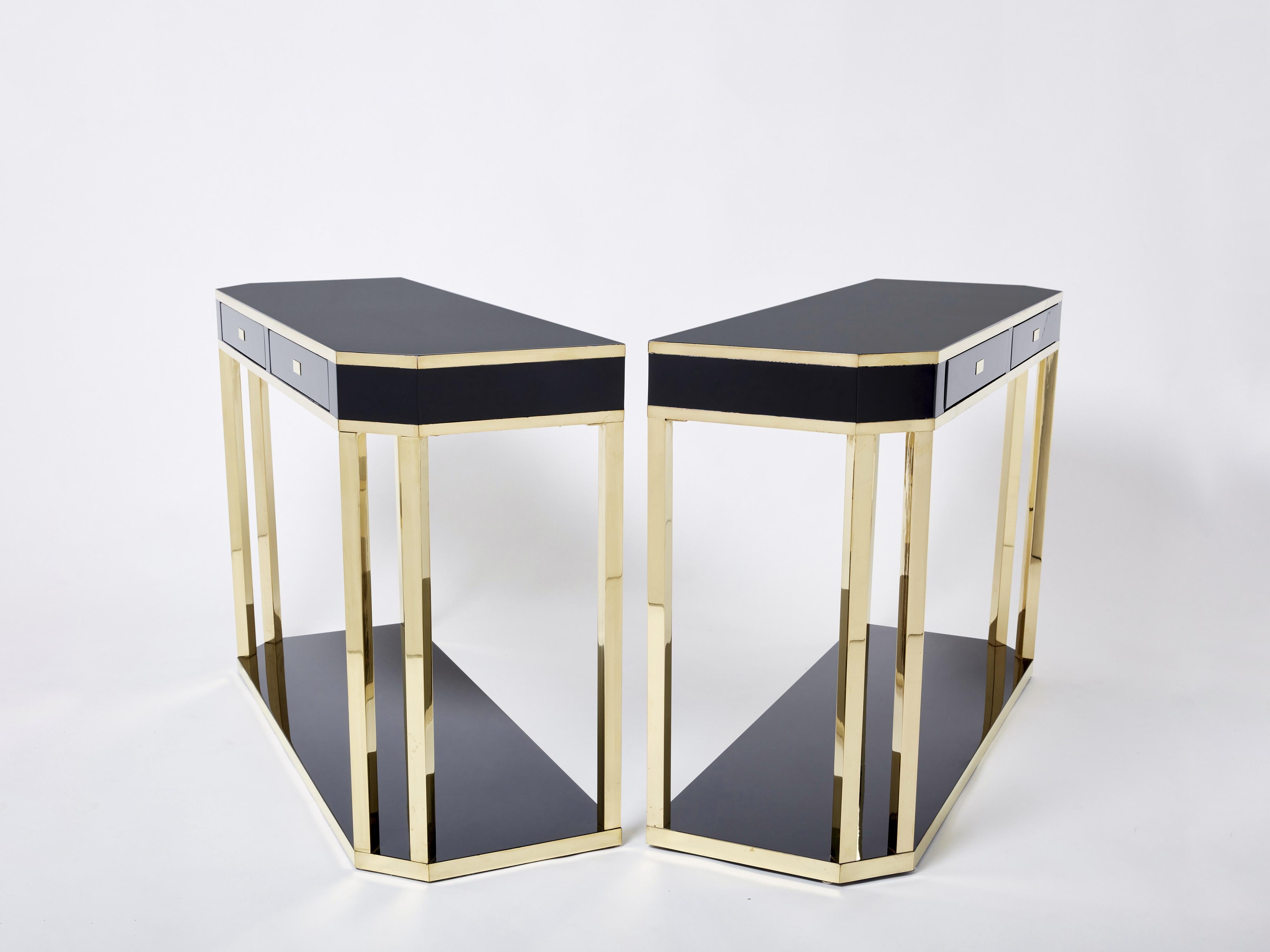 Late 20th Century Pair of Jean-Claude Mahey Black Lacquered Brass Console Tables, 1970s For Sale