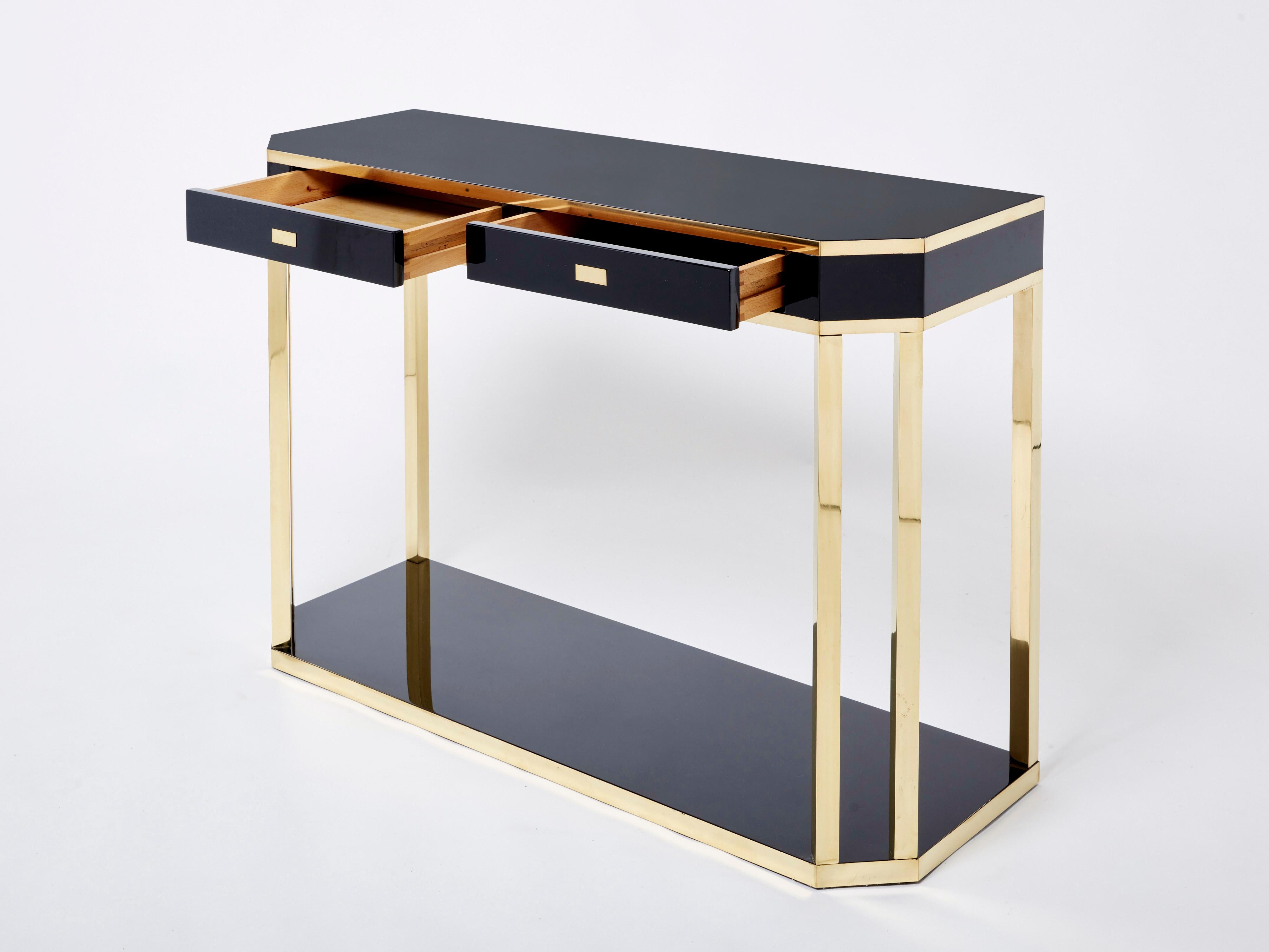 Pair of Jean-Claude Mahey Black Lacquered Brass Console Tables, 1970s For Sale 3