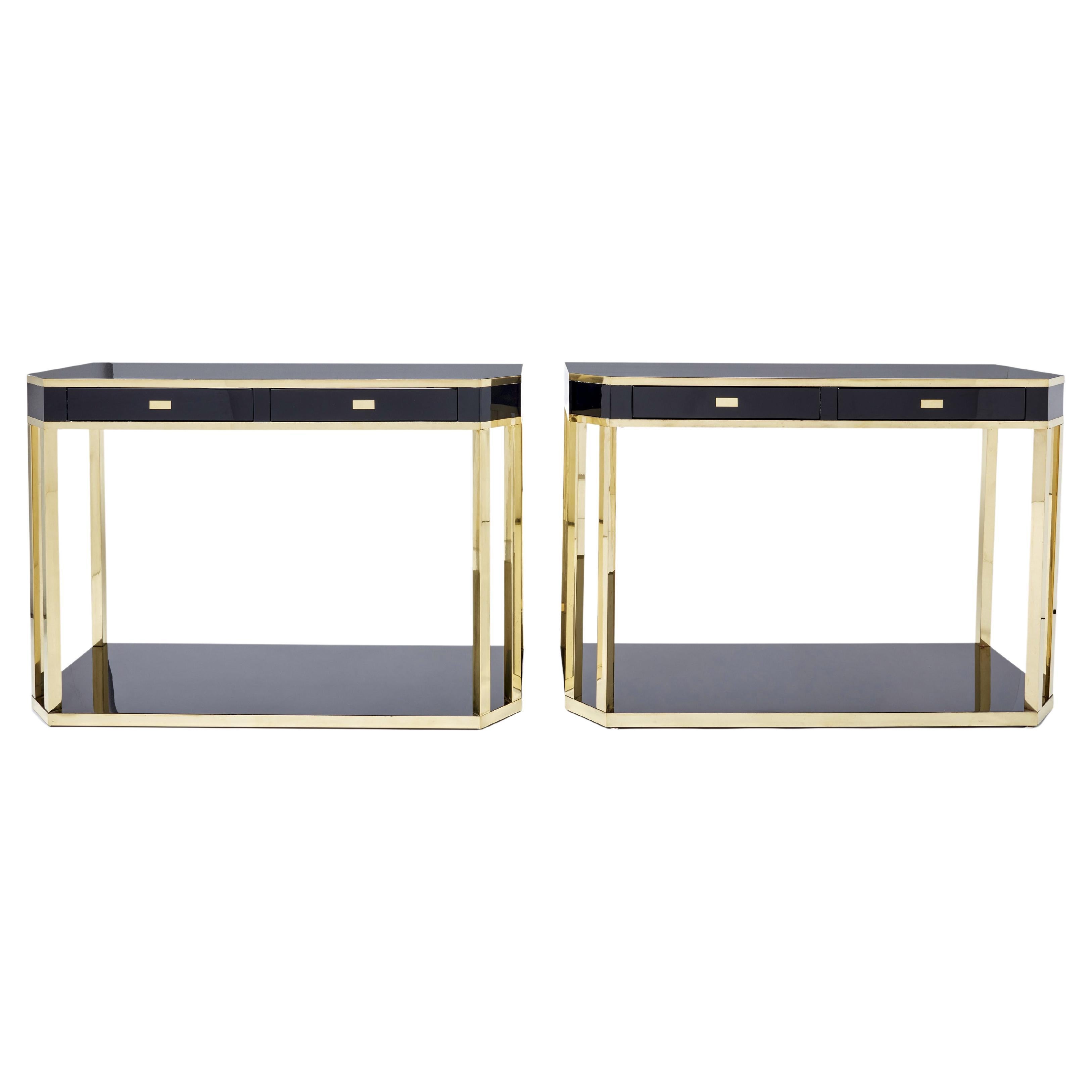 Coppia di tavoli da console in ottone laccato nero Jean Claude Mahey, anni '70