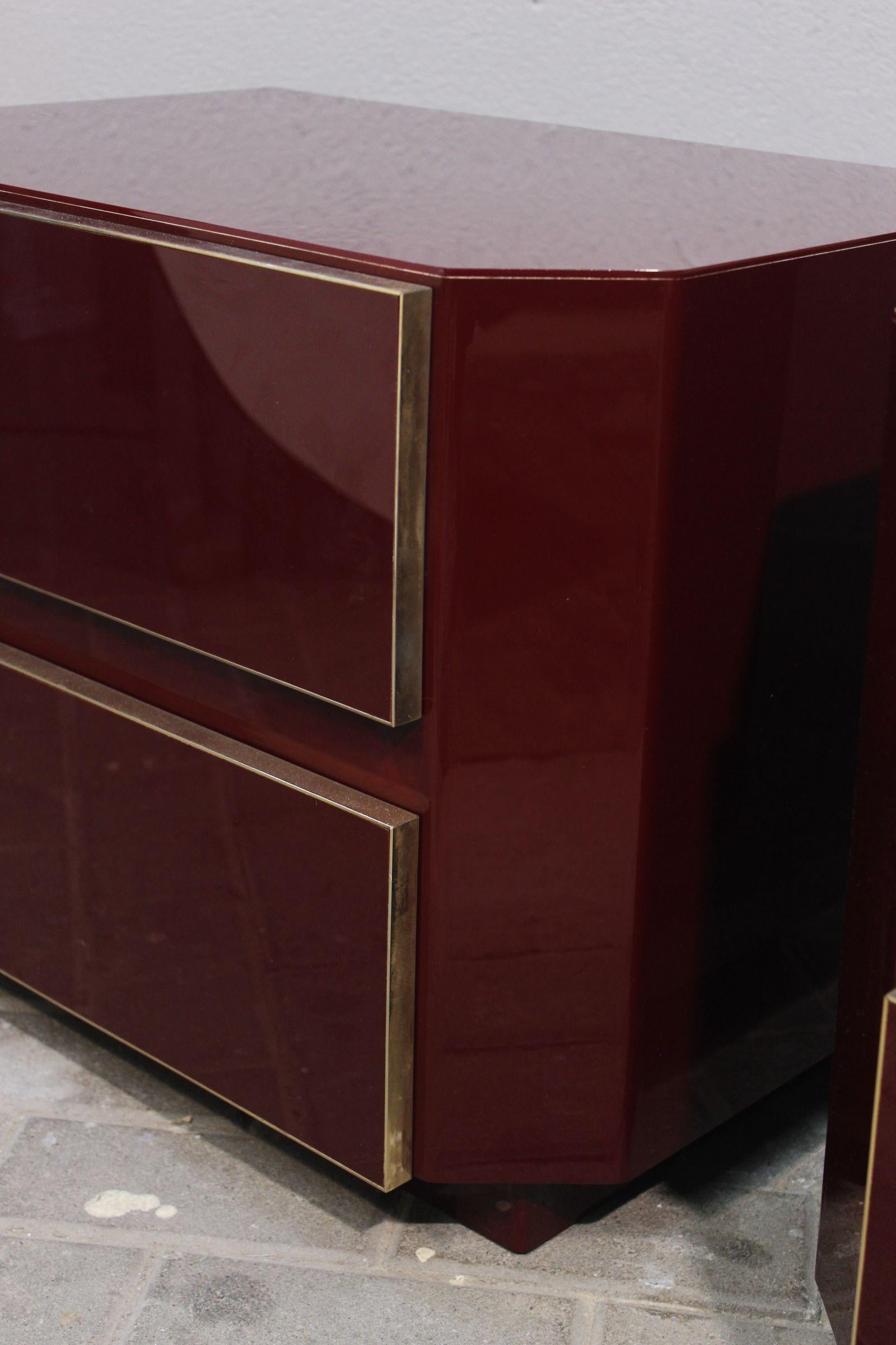 Pair of Jean Claude Mahey Burgundy lacquer & brass Nightstands, 1970s 4