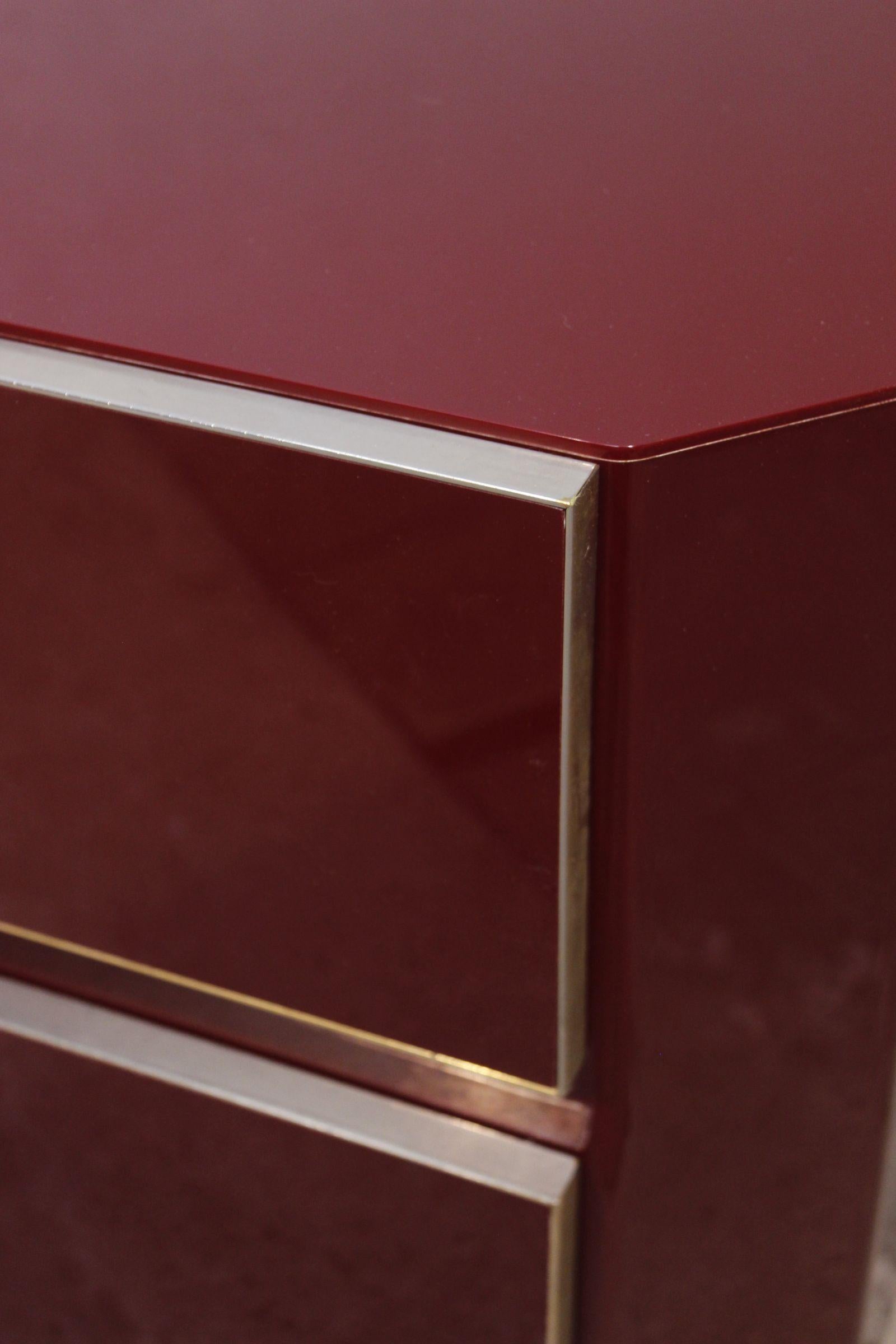 Pair of Jean Claude Mahey Burgundy lacquer & brass Nightstands, 1970s 5
