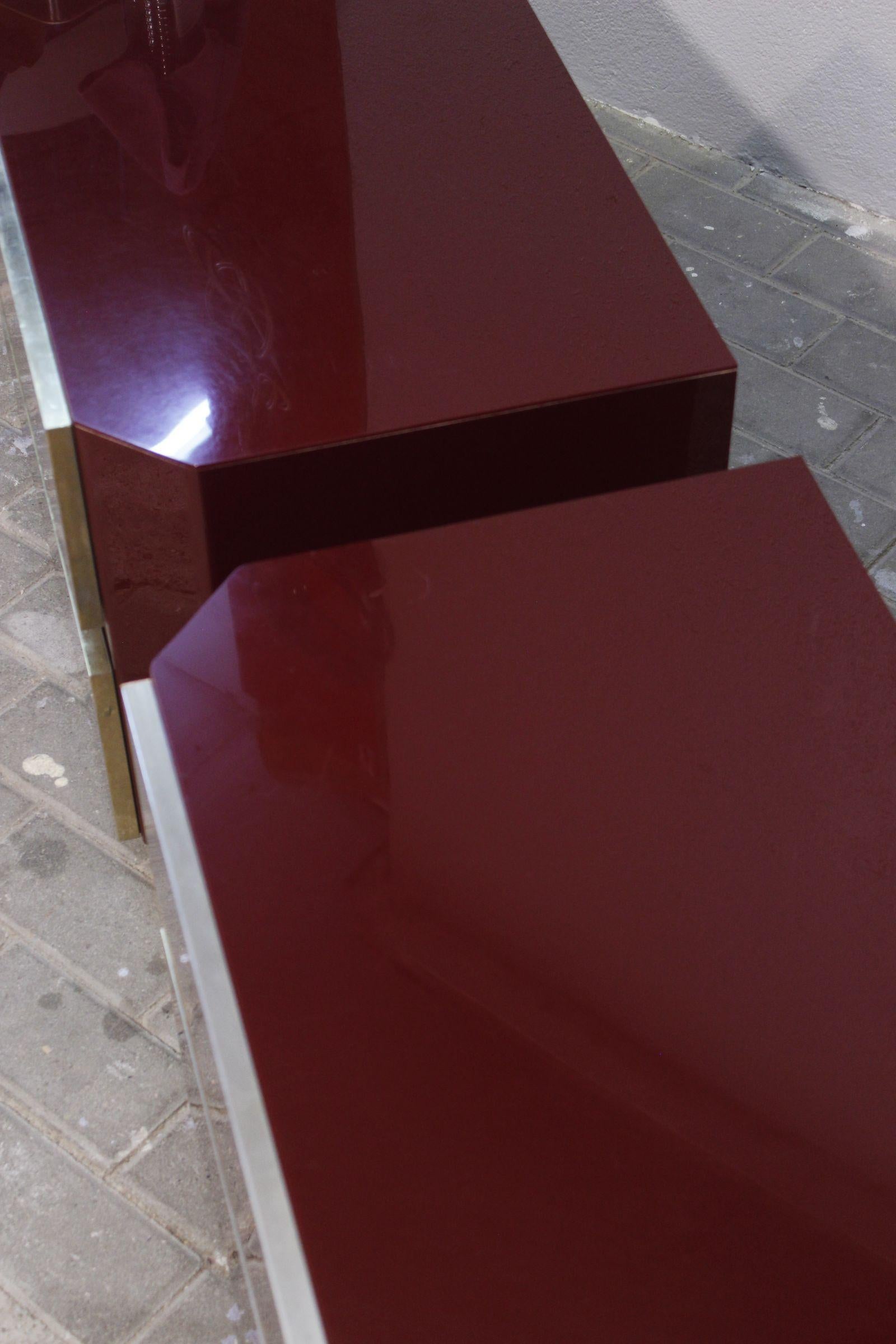 Pair of Jean Claude Mahey Burgundy lacquer & brass Nightstands, 1970s 6