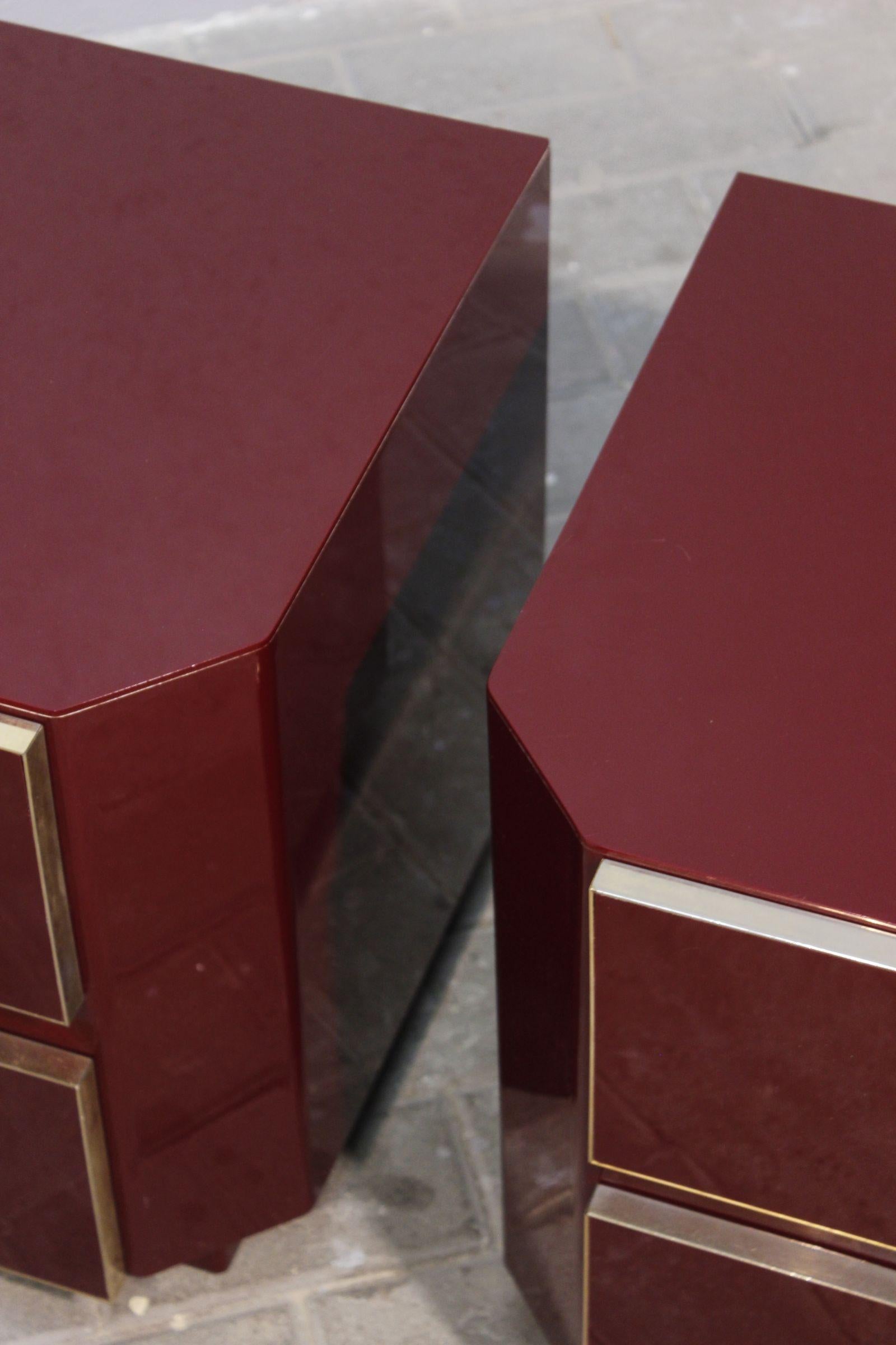 Pair of Jean Claude Mahey Burgundy lacquer & brass Nightstands, 1970s 7