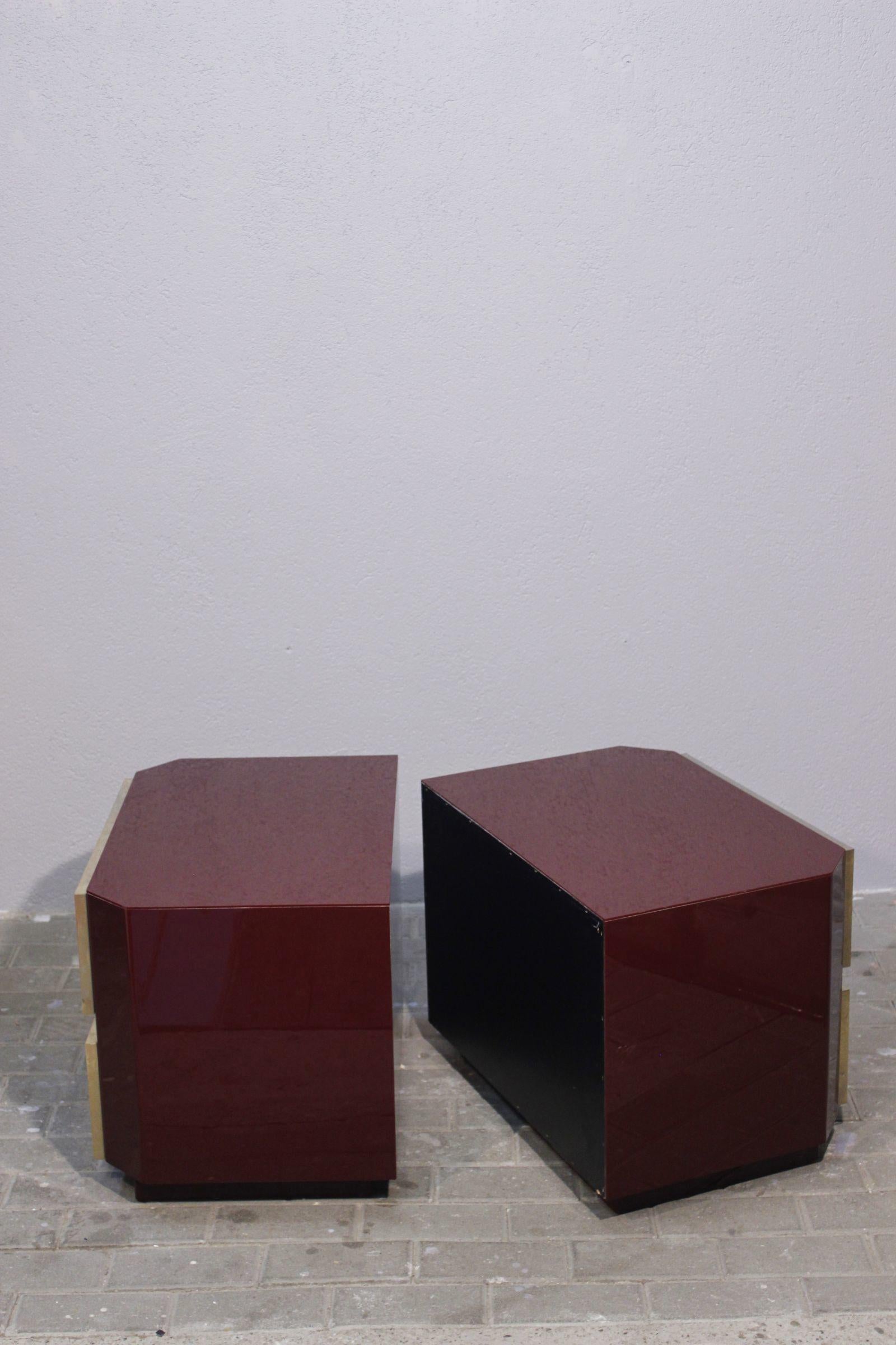 Pair of Jean Claude Mahey Burgundy lacquer & brass Nightstands, 1970s 8