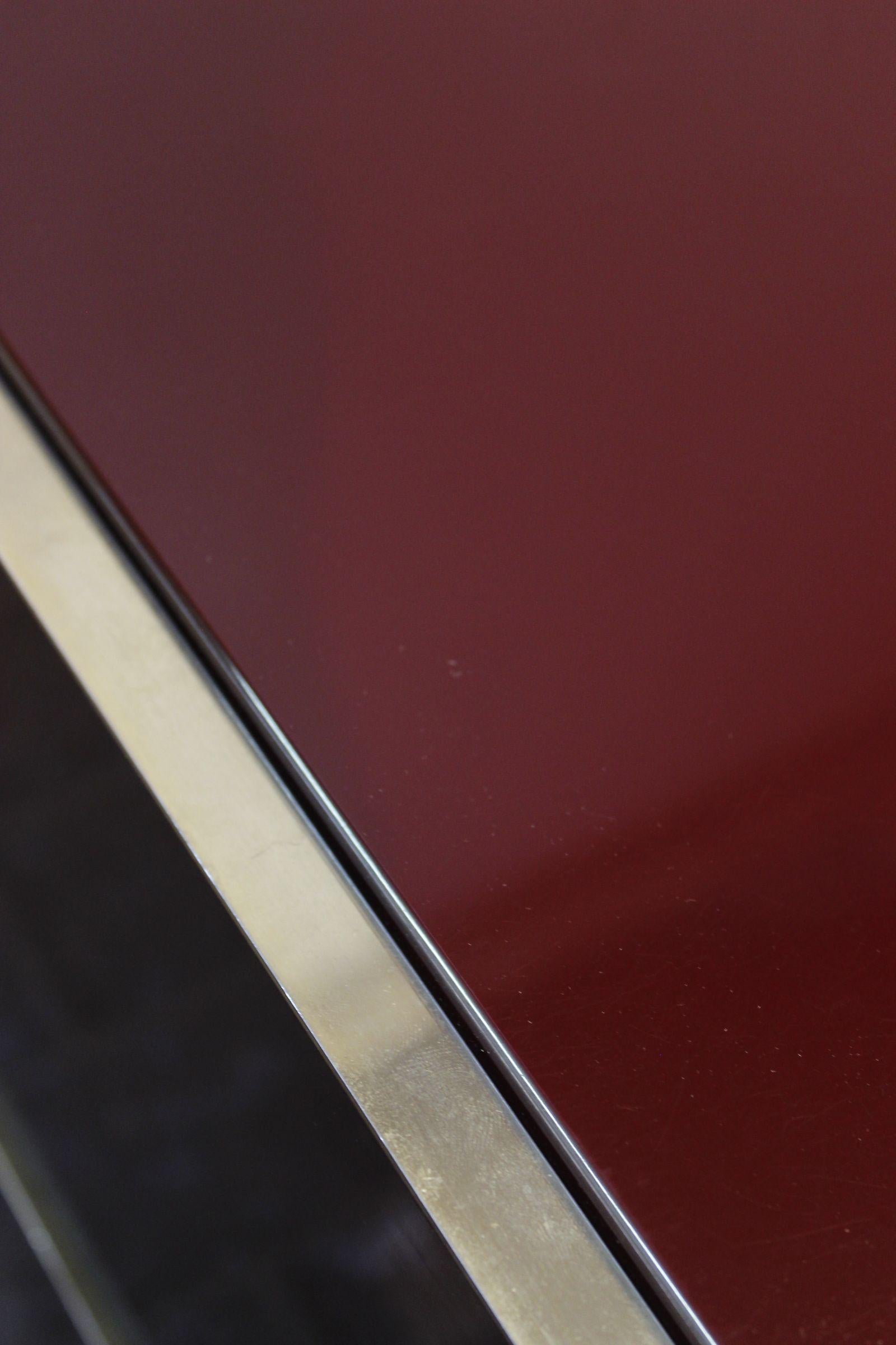 Pair of Jean Claude Mahey Burgundy lacquer & brass Nightstands, 1970s 9