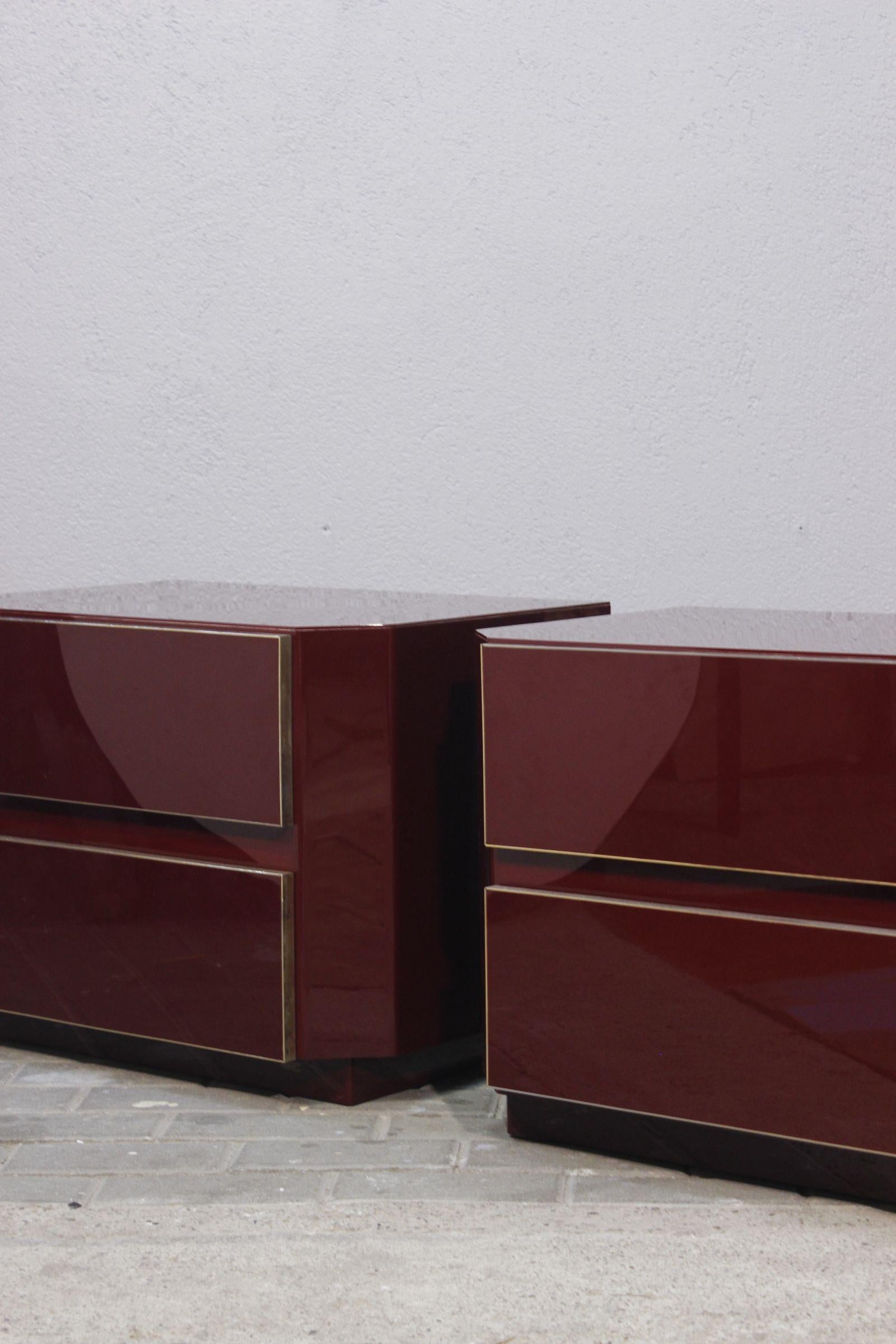 Brass Pair of Jean Claude Mahey Burgundy lacquer & brass Nightstands, 1970s