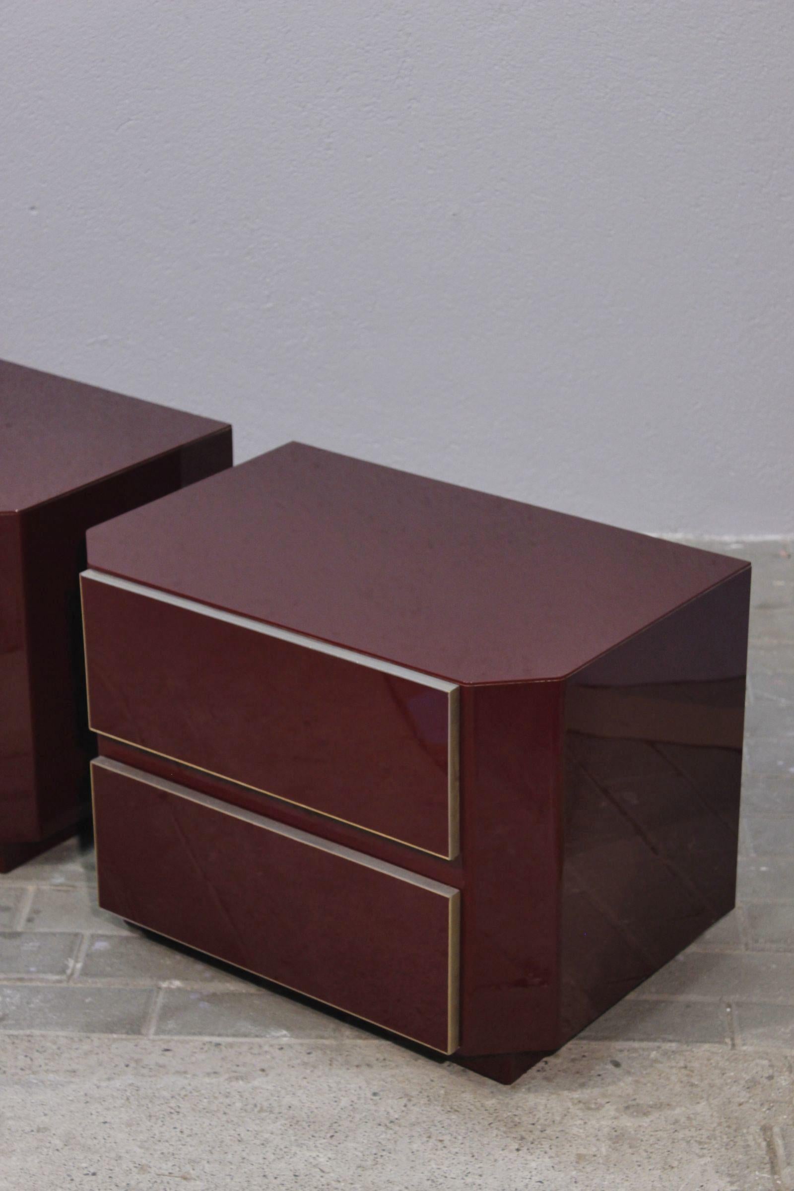 Pair of Jean Claude Mahey Burgundy lacquer & brass Nightstands, 1970s 1