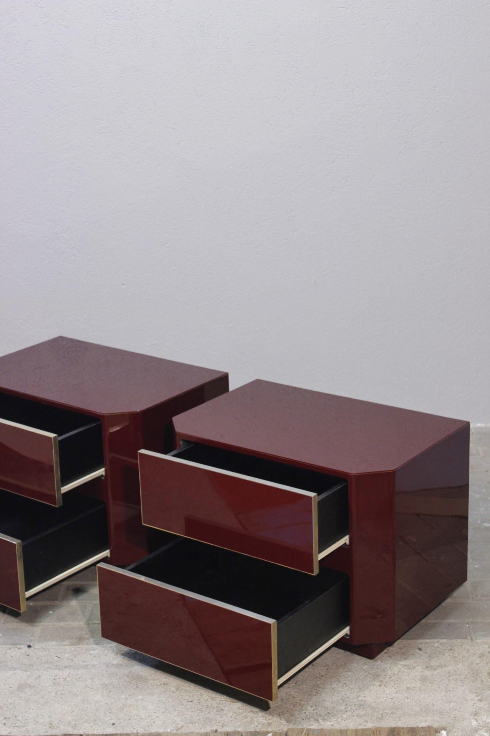 Pair of Jean Claude Mahey Burgundy lacquer & brass Nightstands, 1970s 2