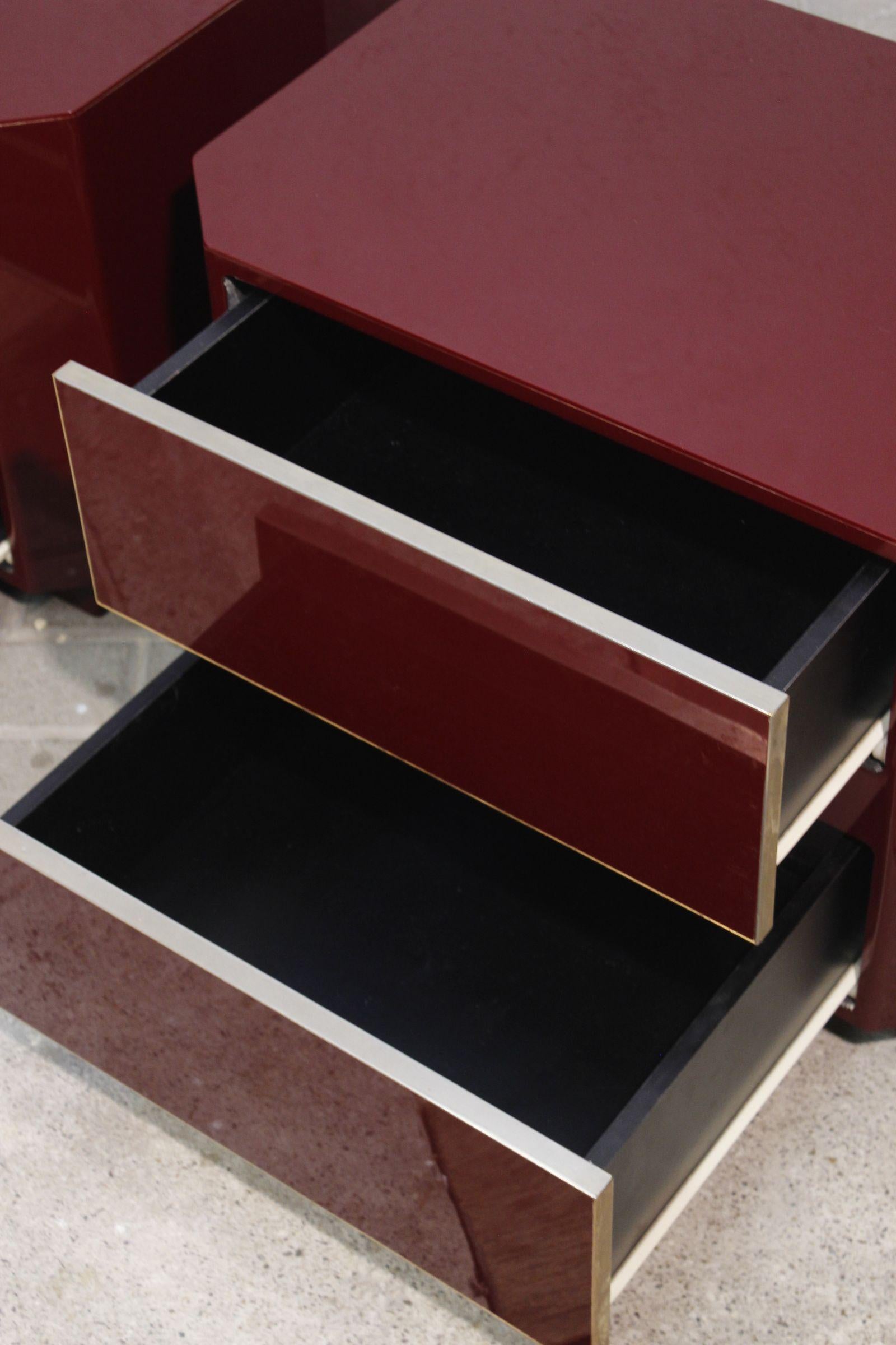 Pair of Jean Claude Mahey Burgundy lacquer & brass Nightstands, 1970s 3