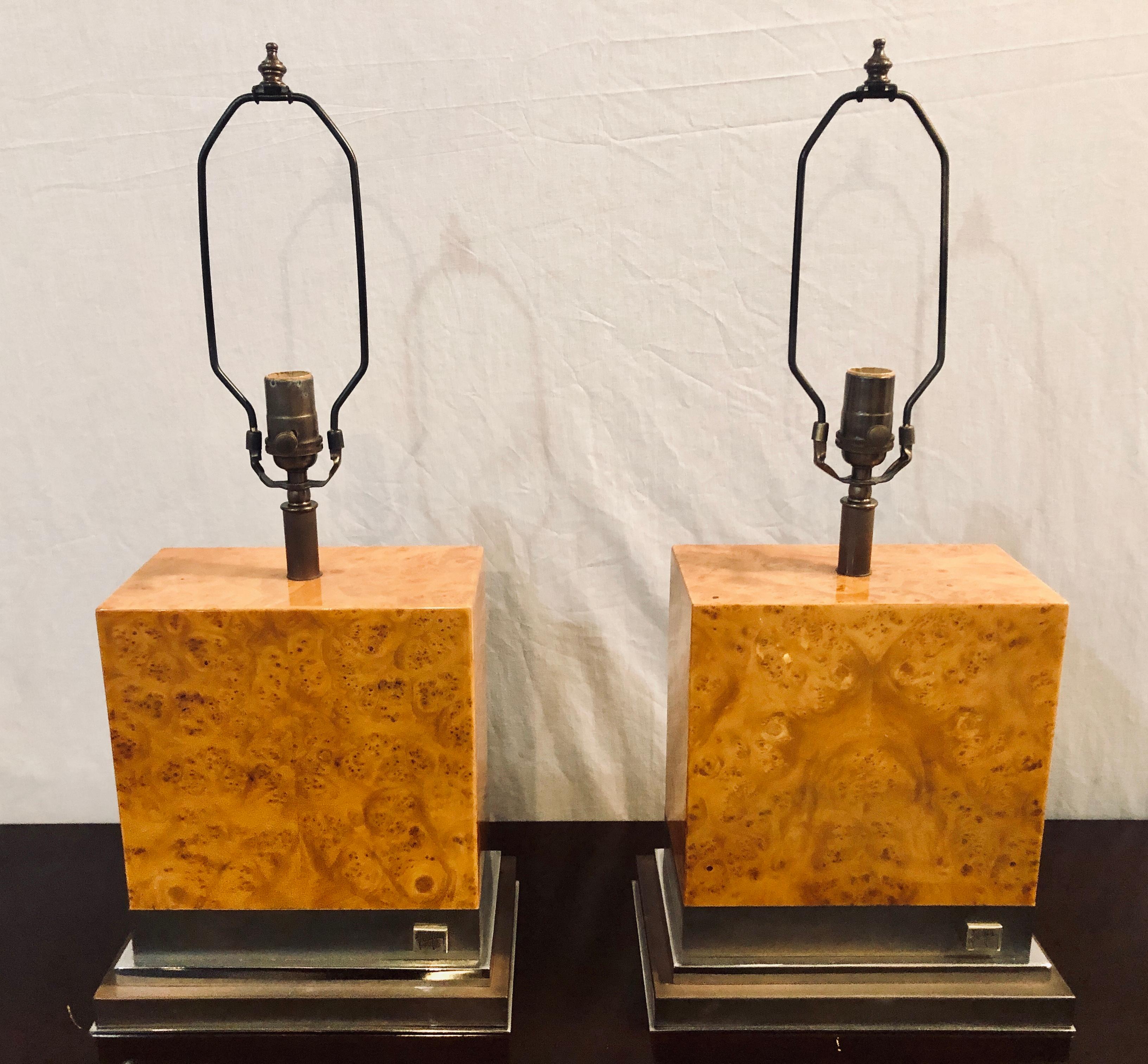 Pair of Jean Claude Mahey burl wood and chrome base table lamps with custom shades. The chrome pedestal base supporting a burl wood rectangular form table lamp having one light.