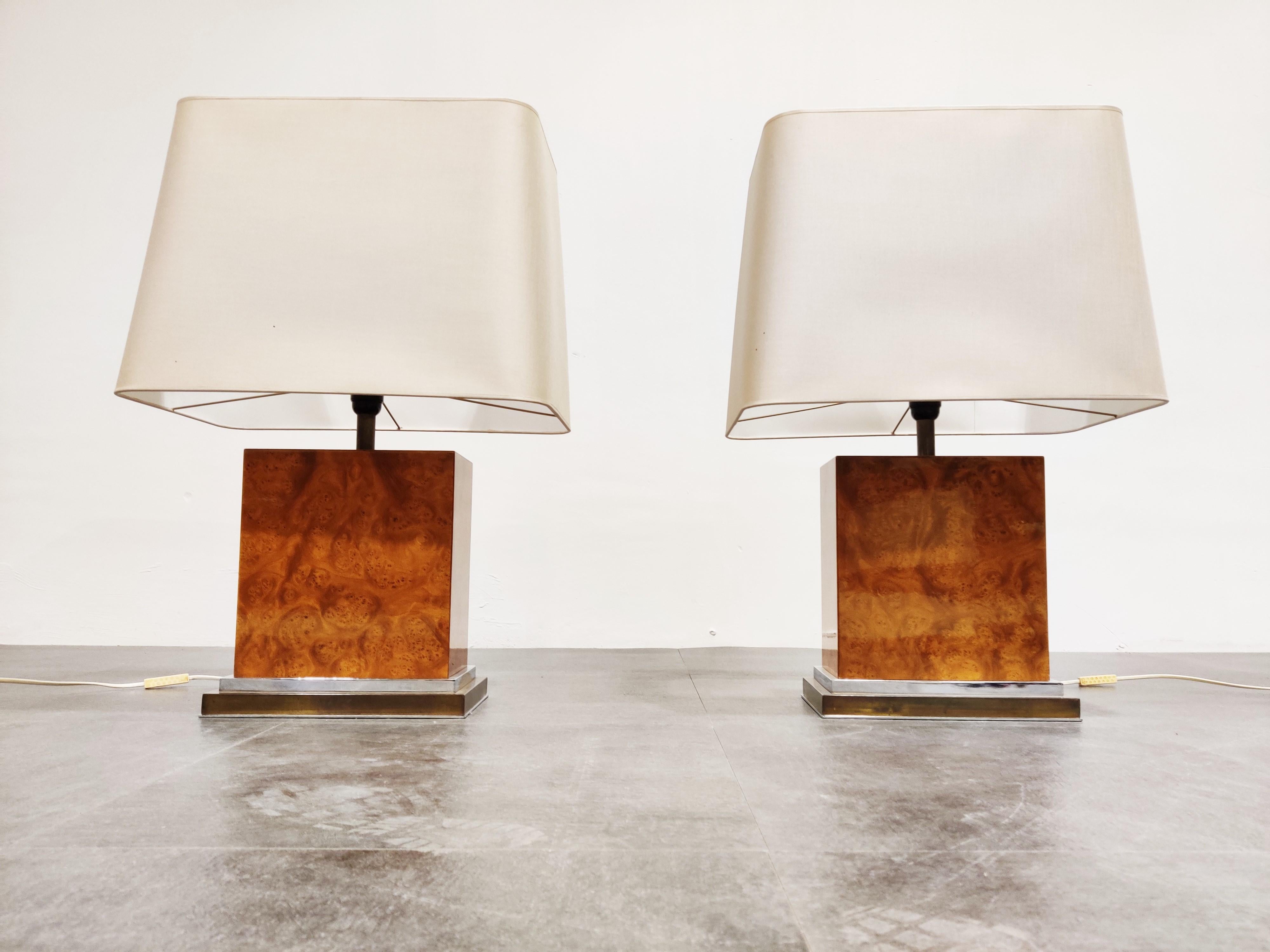 Hollywood Regency Pair of Jean Claude Mahey Burl Wooden Table Lamps, 1970s