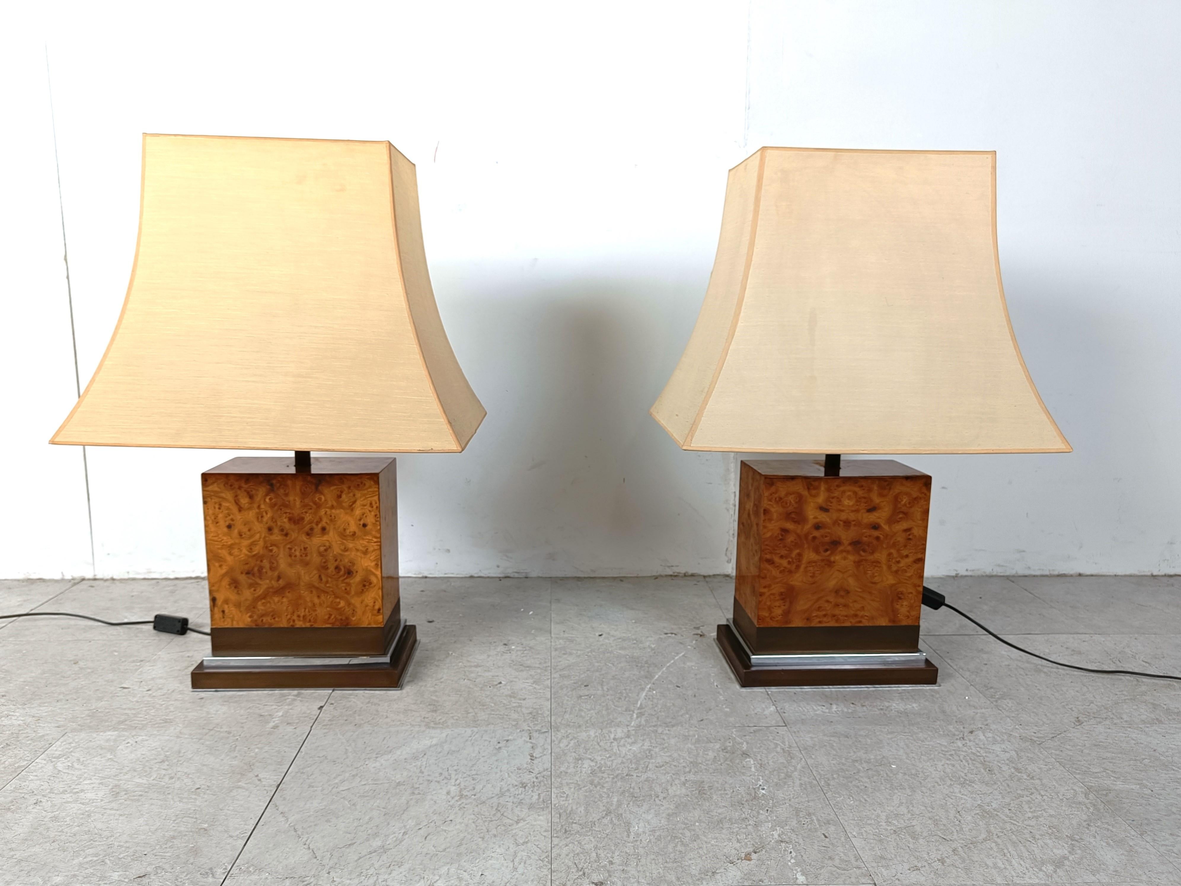 Hollywood Regency Pair of Jean Claude Mahey burl wooden table lamps, 1970s