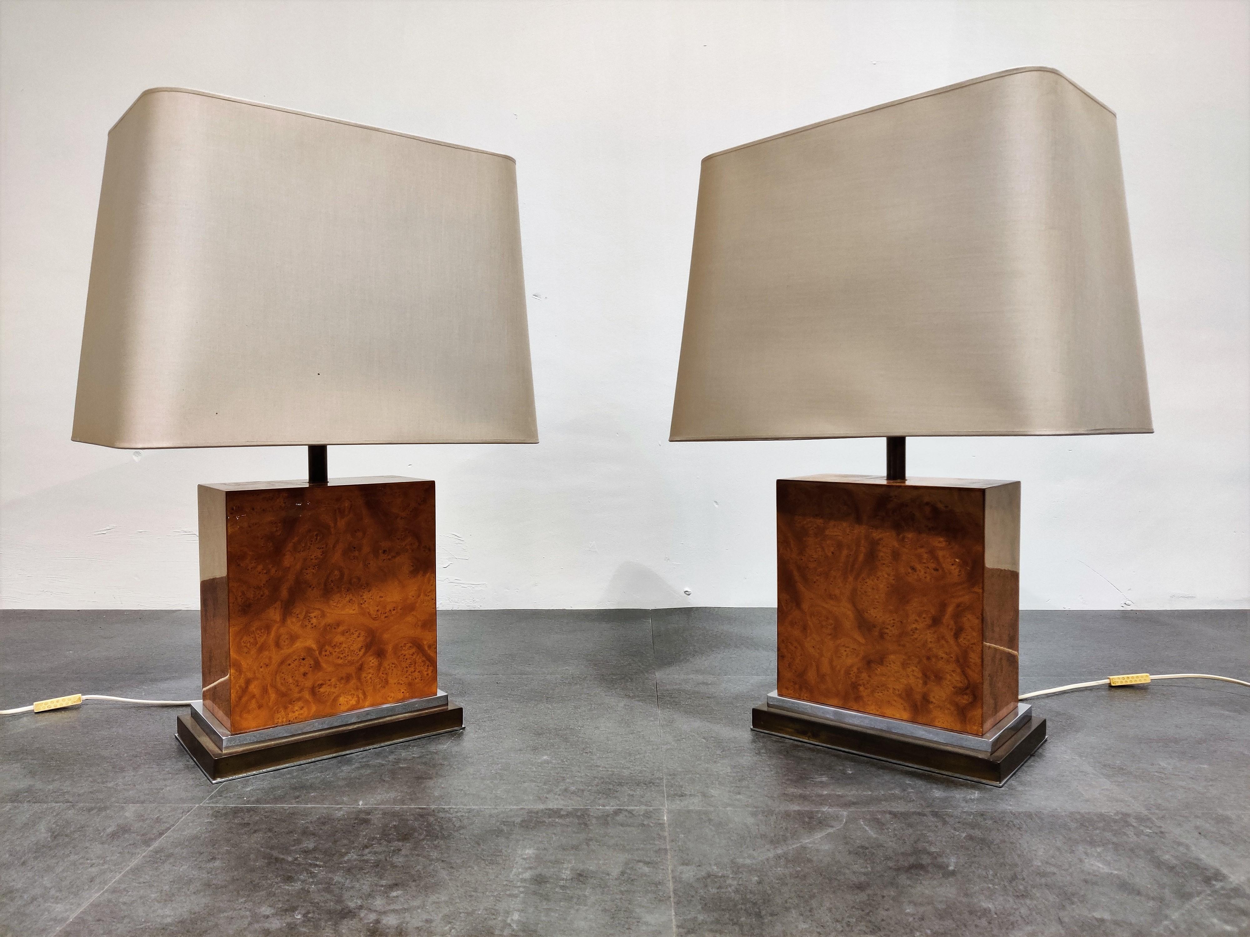 French Pair of Jean Claude Mahey Burl Wooden Table Lamps, 1970s