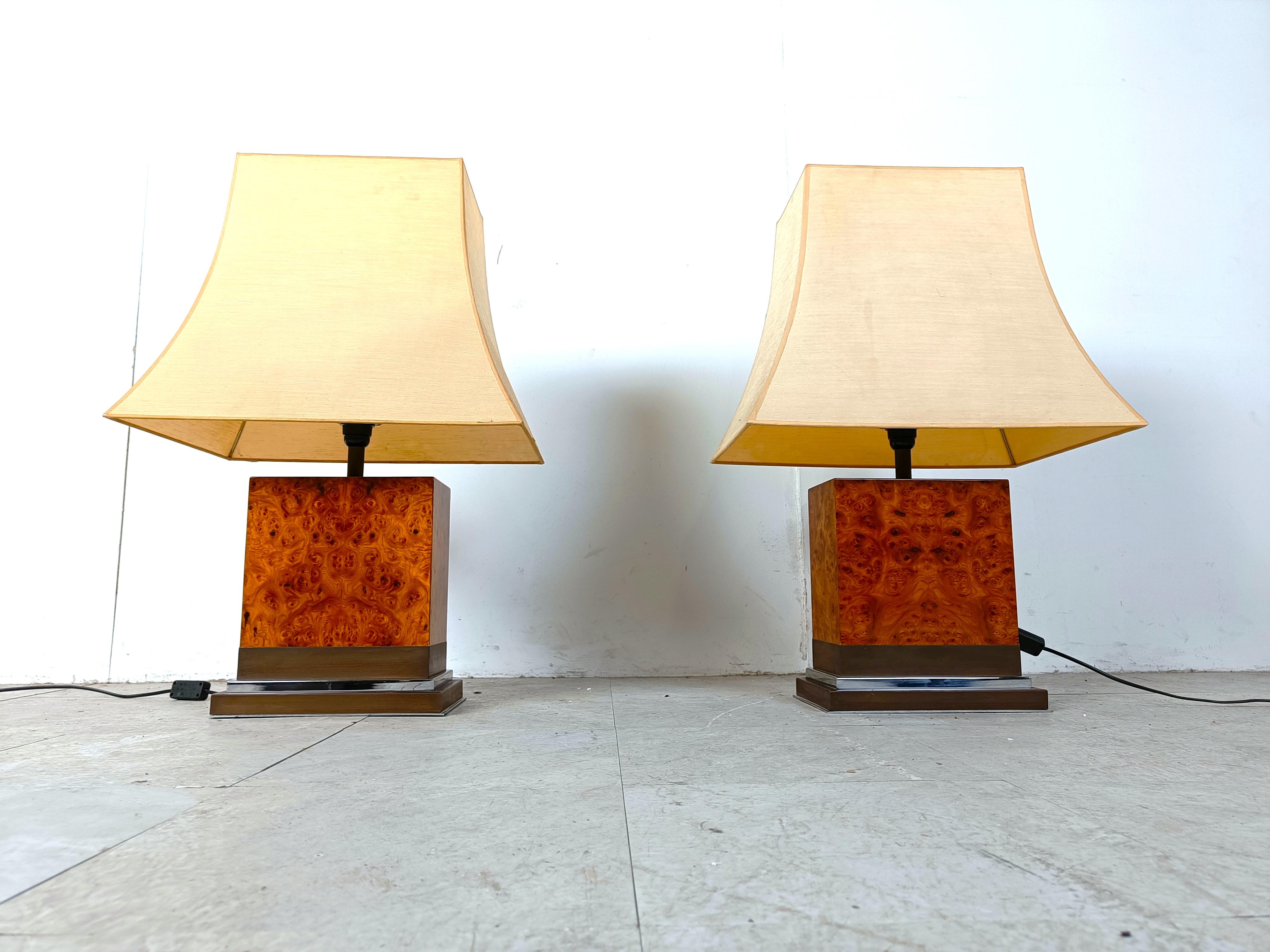 French Pair of Jean Claude Mahey burl wooden table lamps, 1970s