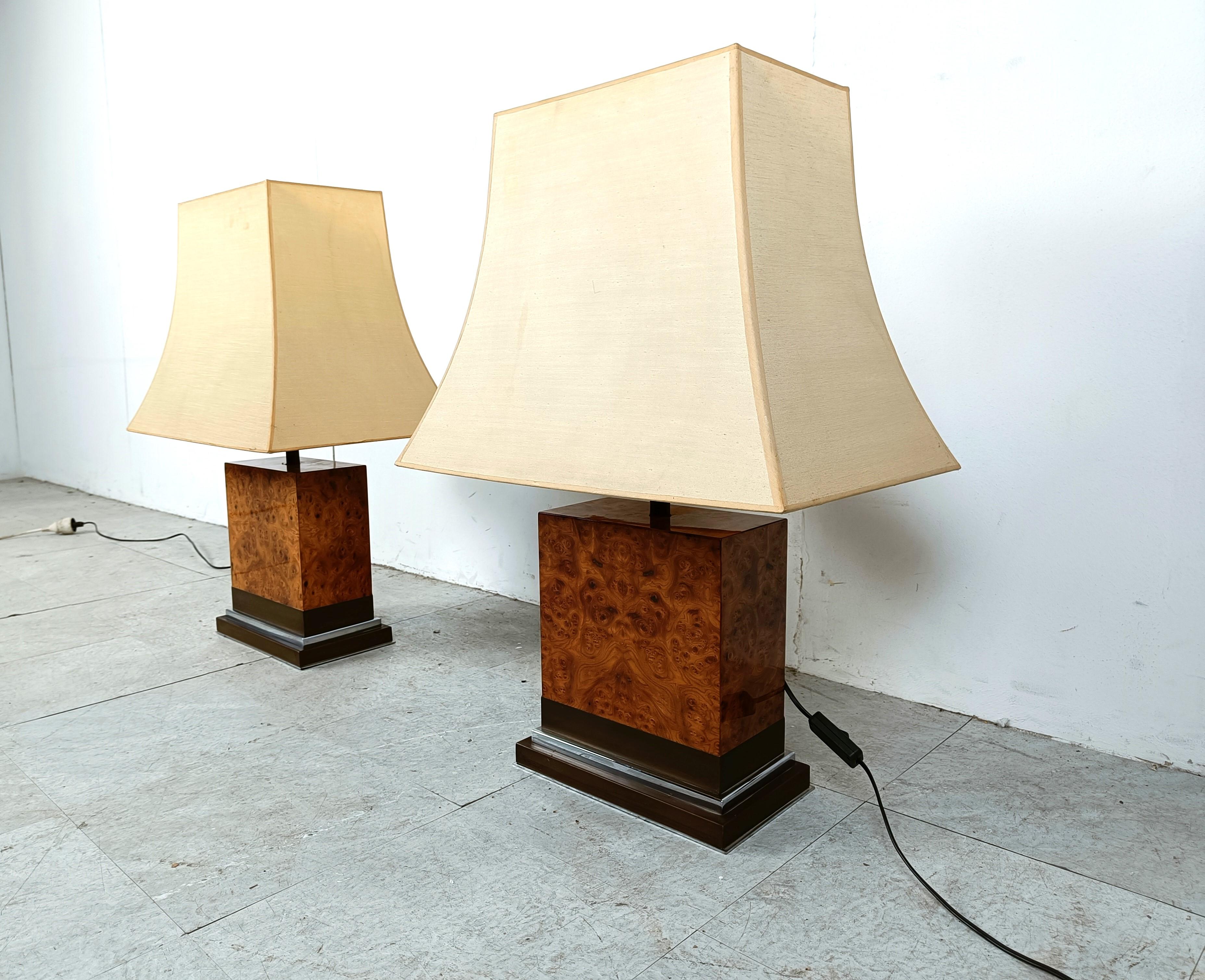 Pair of Jean Claude Mahey burl wooden table lamps, 1970s In Good Condition In HEVERLEE, BE