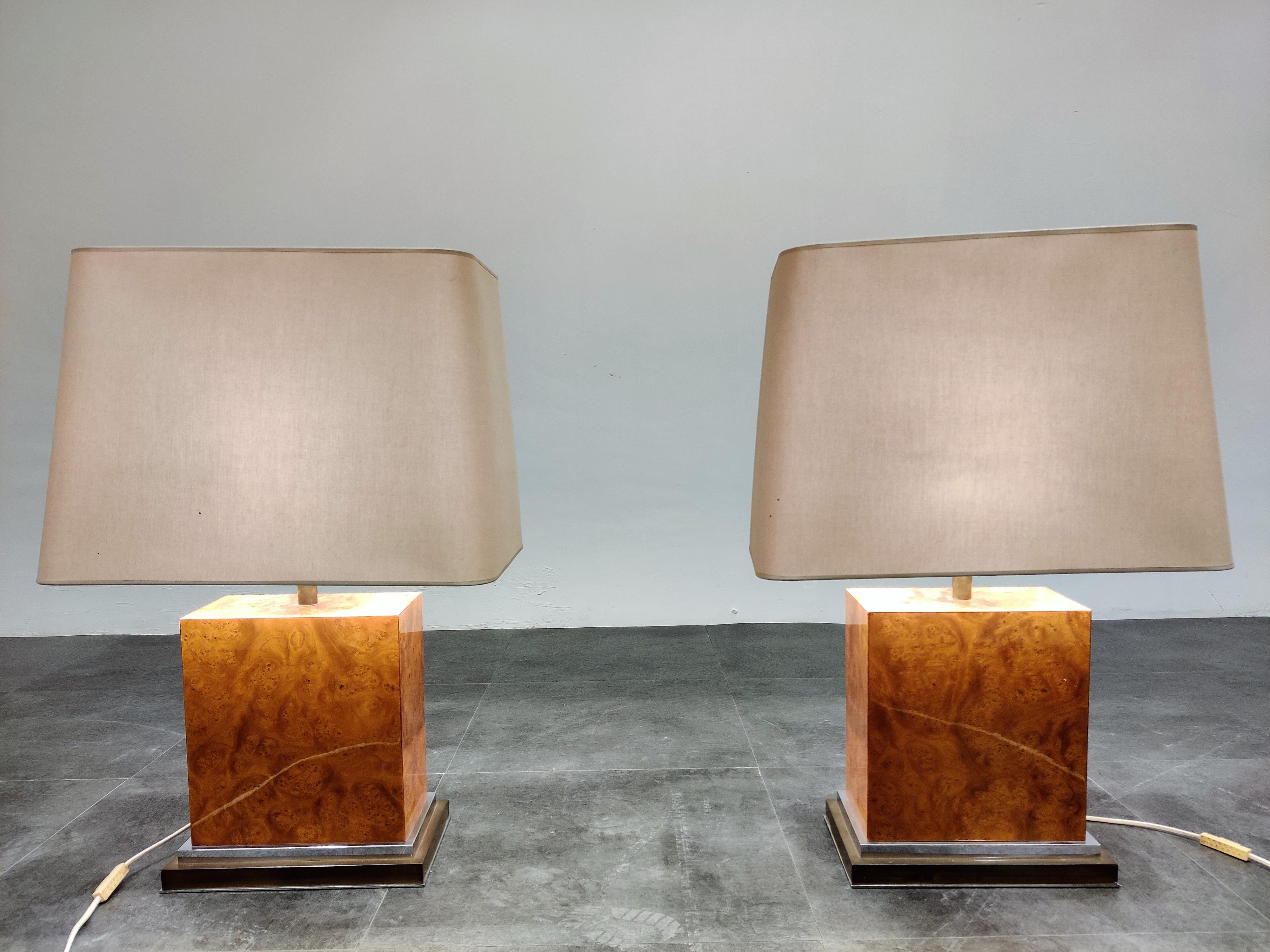 Brass Pair of Jean Claude Mahey Burl Wooden Table Lamps, 1970s