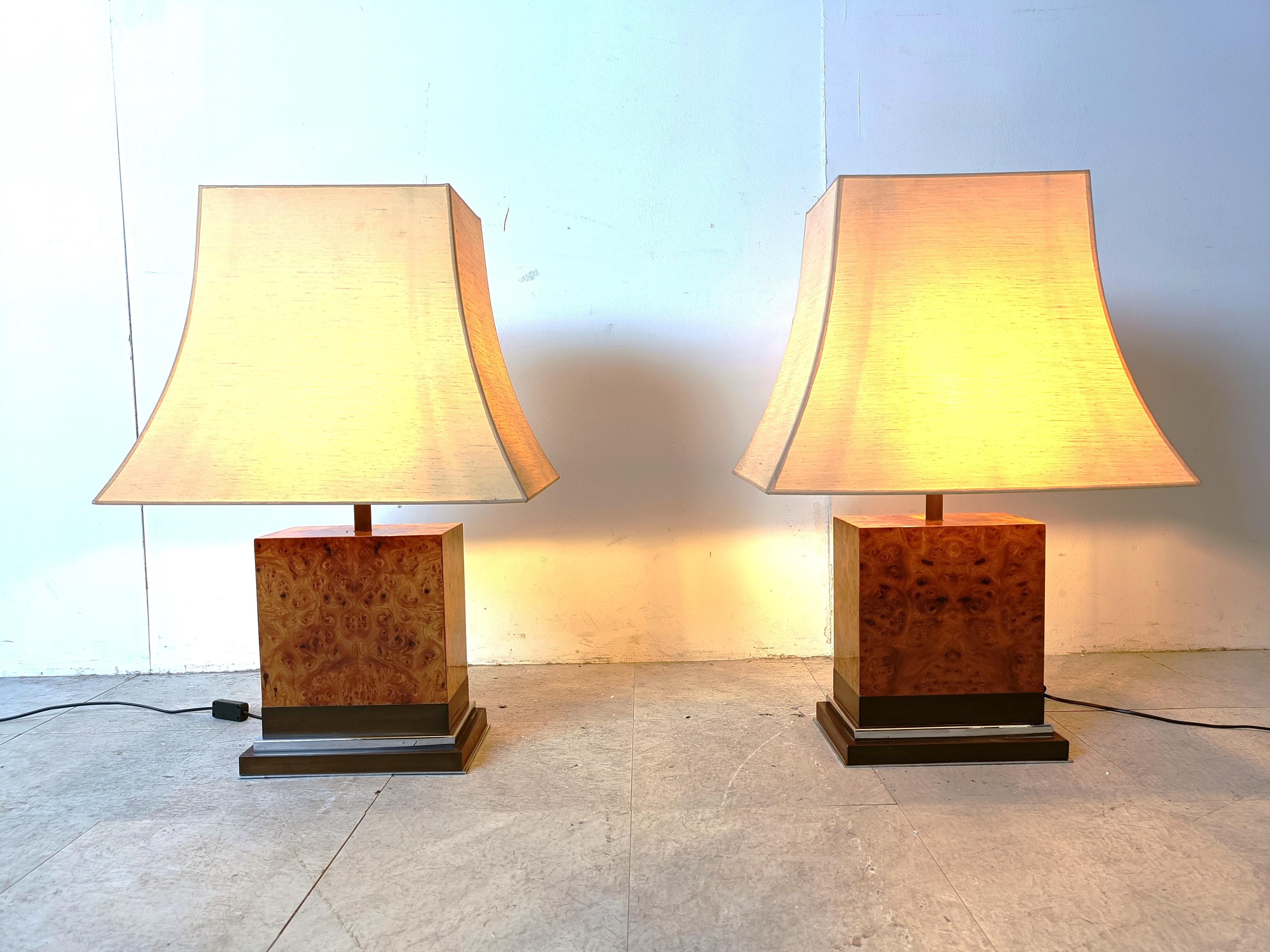 Burl Pair of Jean Claude Mahey burl wooden table lamps, 1970s