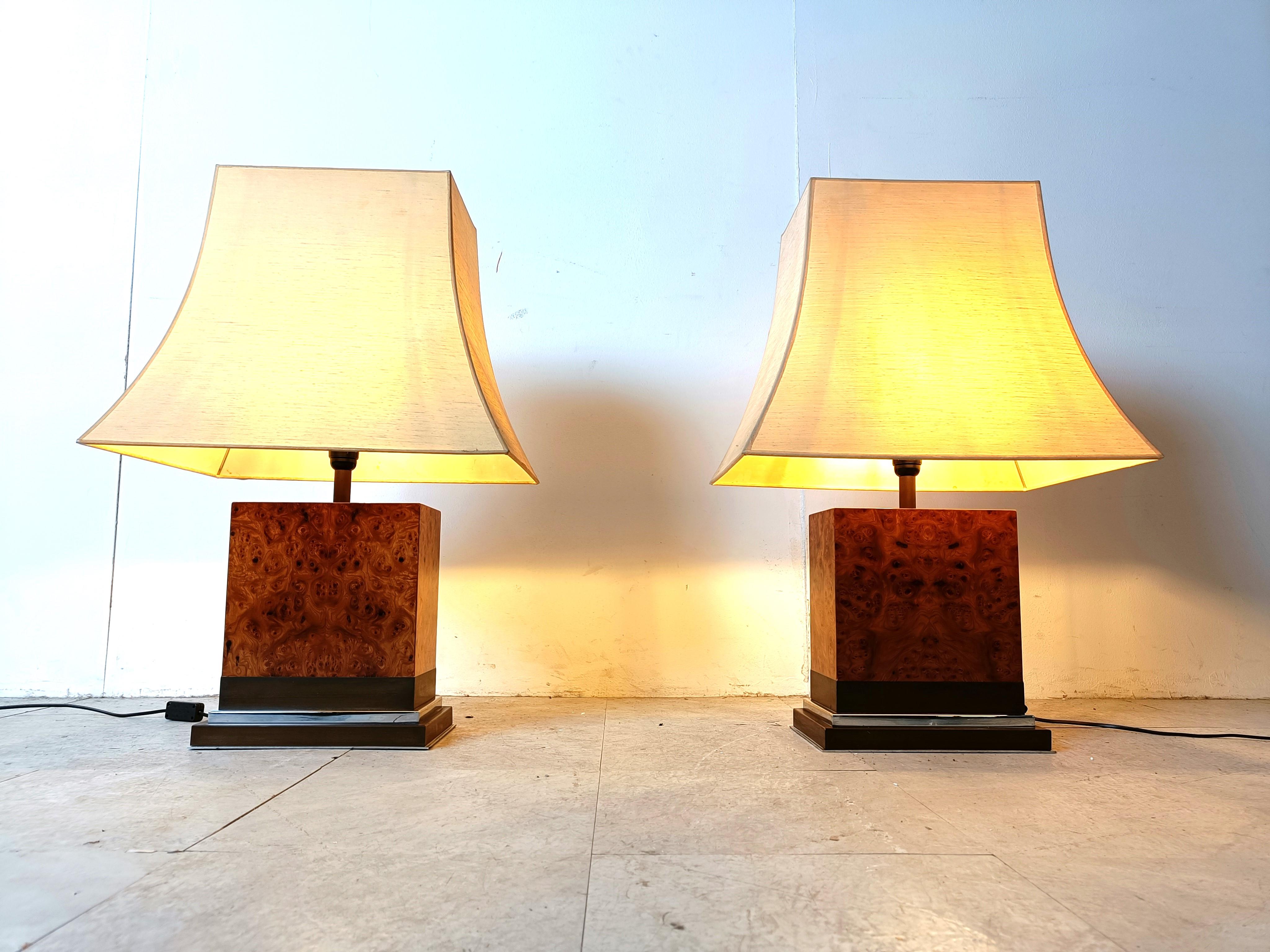 Pair of Jean Claude Mahey burl wooden table lamps, 1970s 1