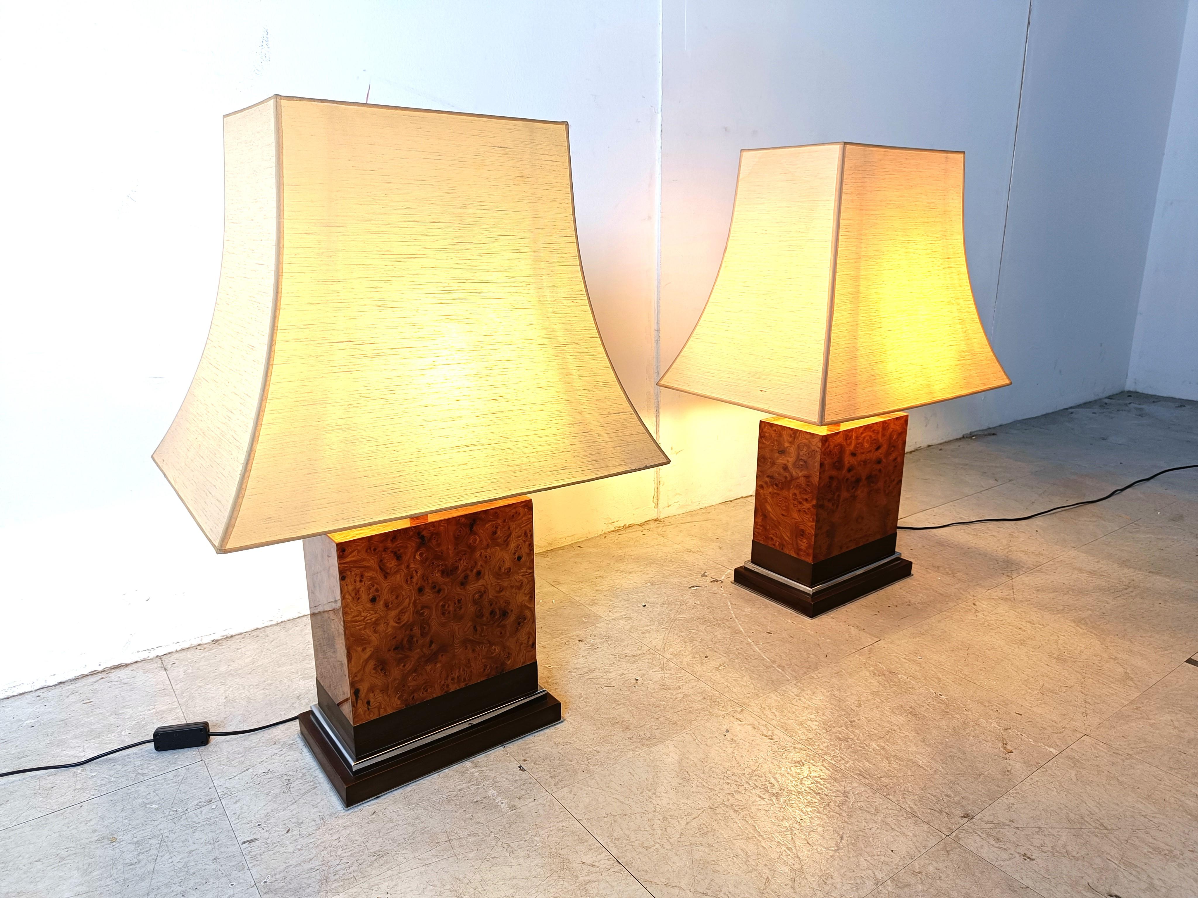 Pair of Jean Claude Mahey burl wooden table lamps, 1970s 2