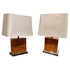 Pair of Jean Claude Mahey Burl Wooden Table Lamps, 1970s