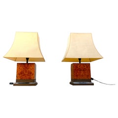 Pair of Jean Claude Mahey burl wooden table lamps, 1970s