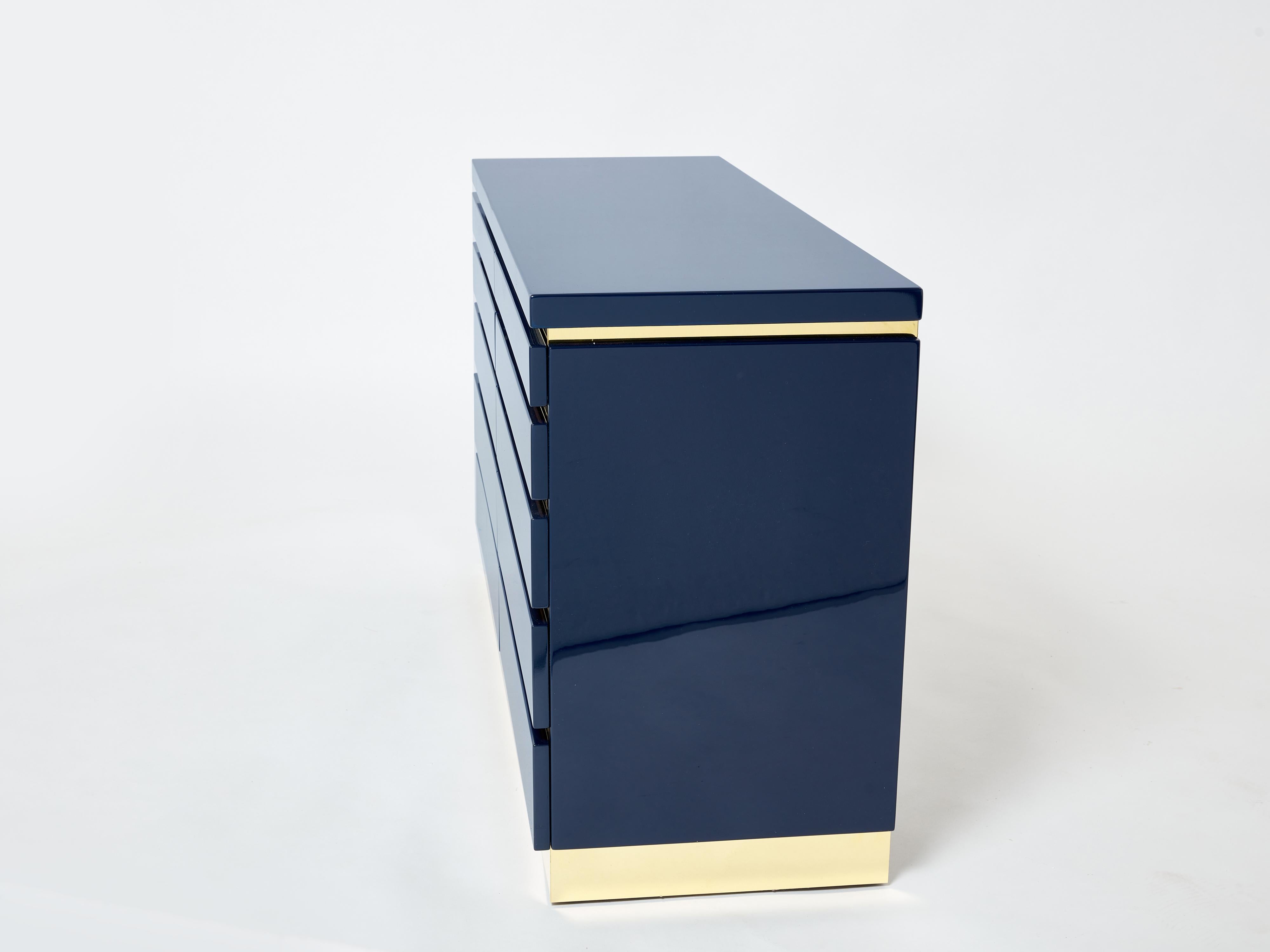 Pair of Jean-Claude Mahey Dark Blue Lacquered Brass Commodes, 1970s For Sale 4