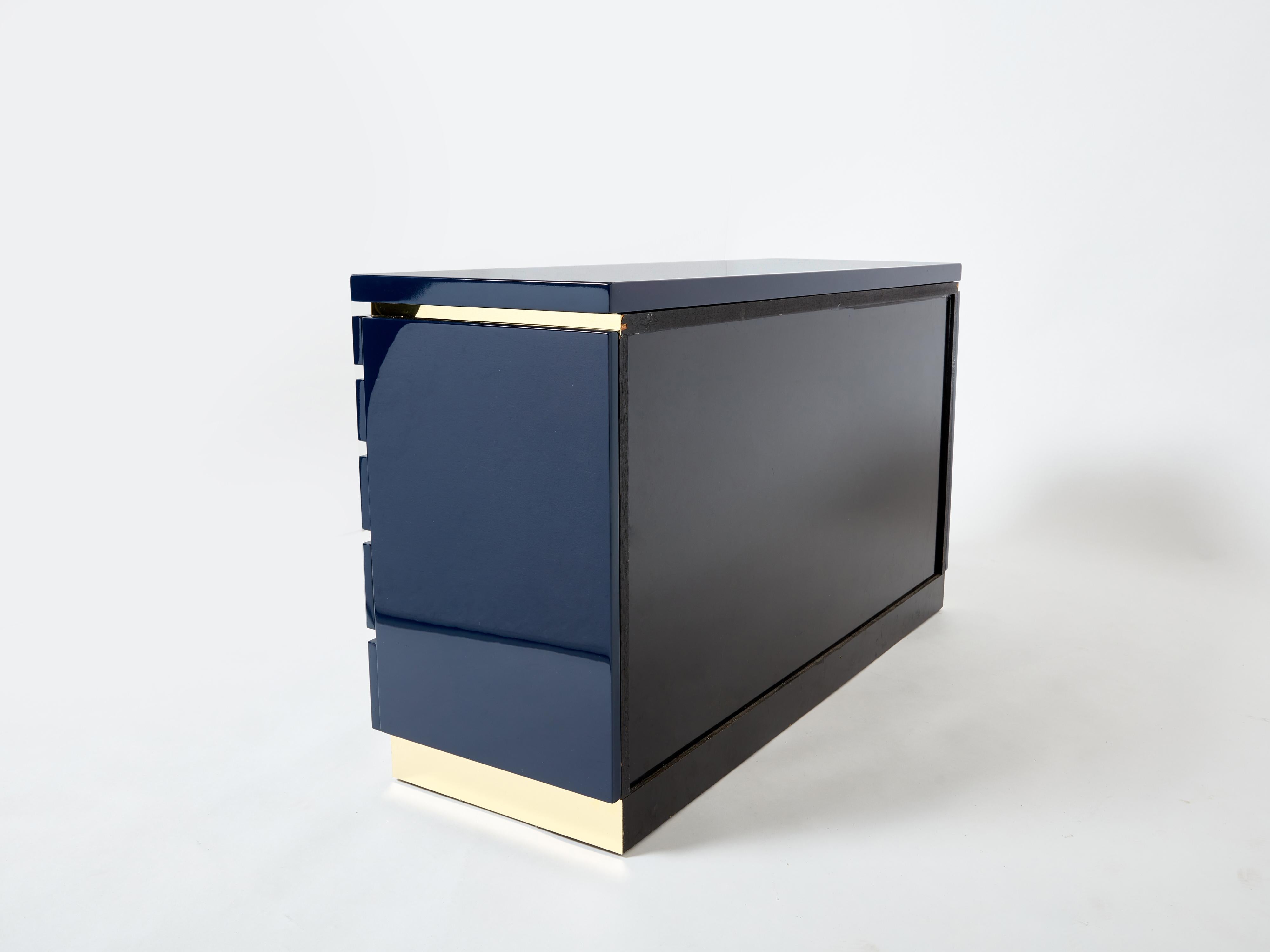 Pair of Jean-Claude Mahey Dark Blue Lacquered Brass Commodes, 1970s For Sale 5