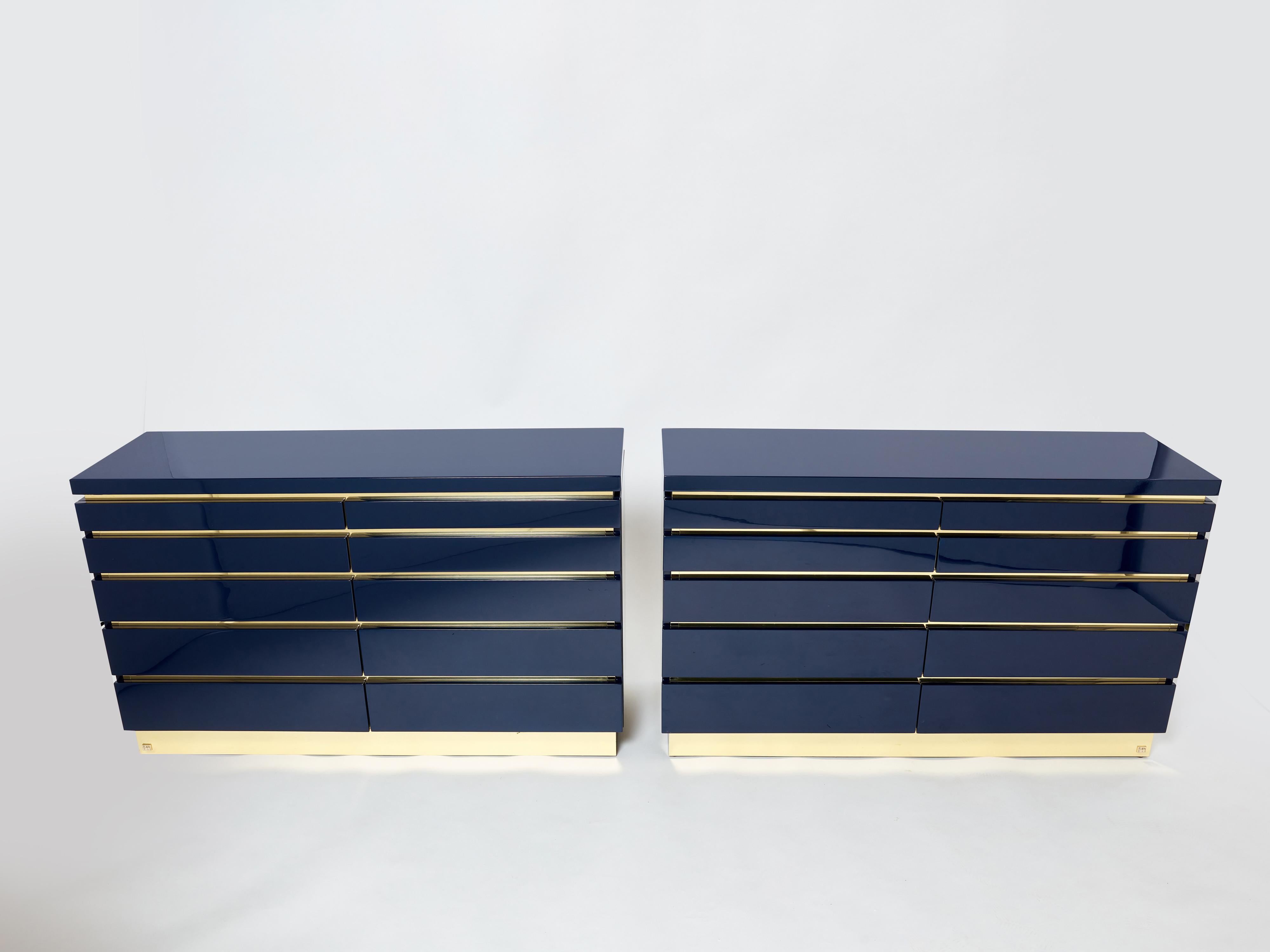 Pair of Jean-Claude Mahey Dark Blue Lacquered Brass Commodes, 1970s For Sale 6