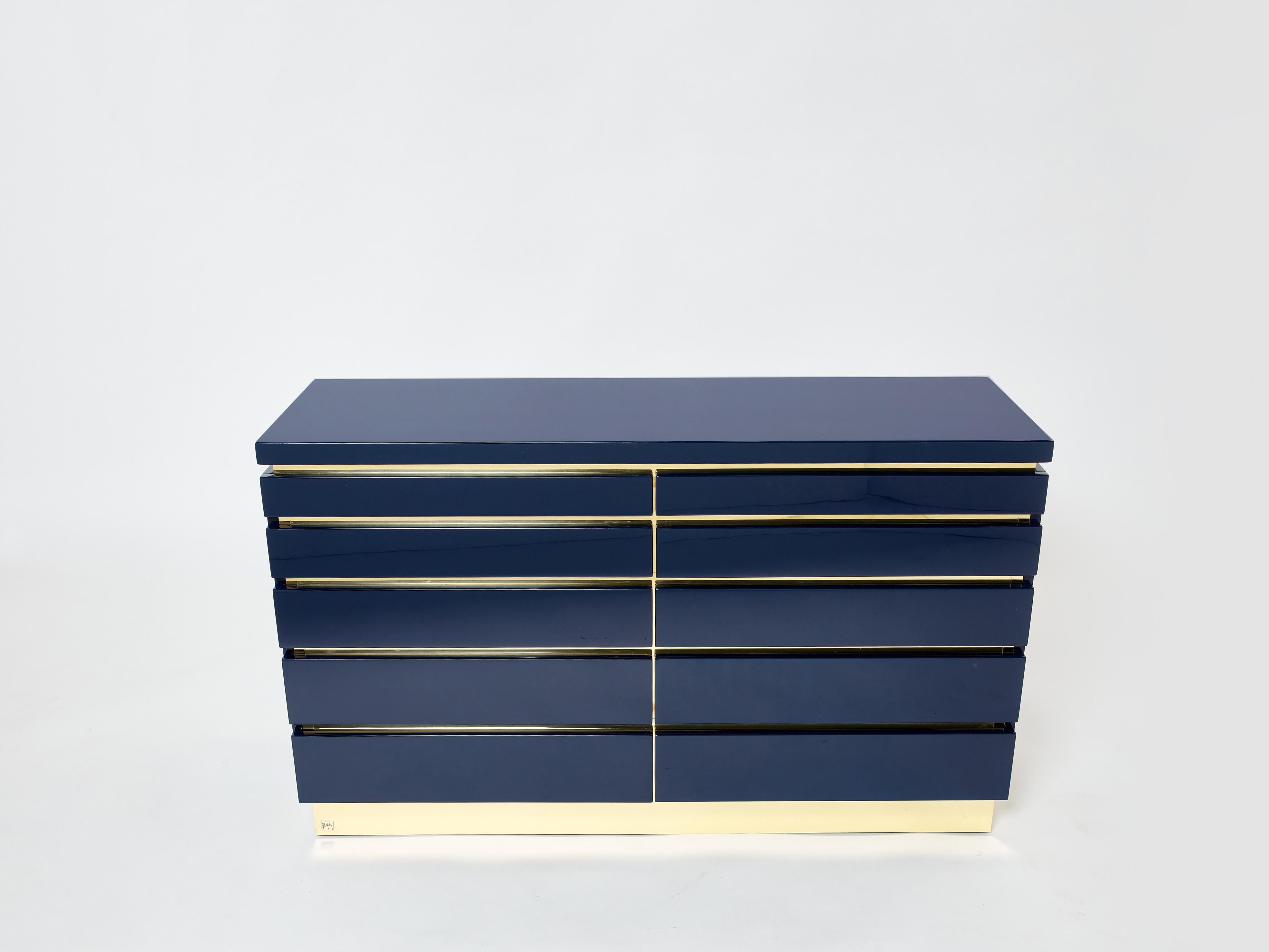 Pair of Jean-Claude Mahey Dark Blue Lacquered Brass Commodes, 1970s For Sale 7
