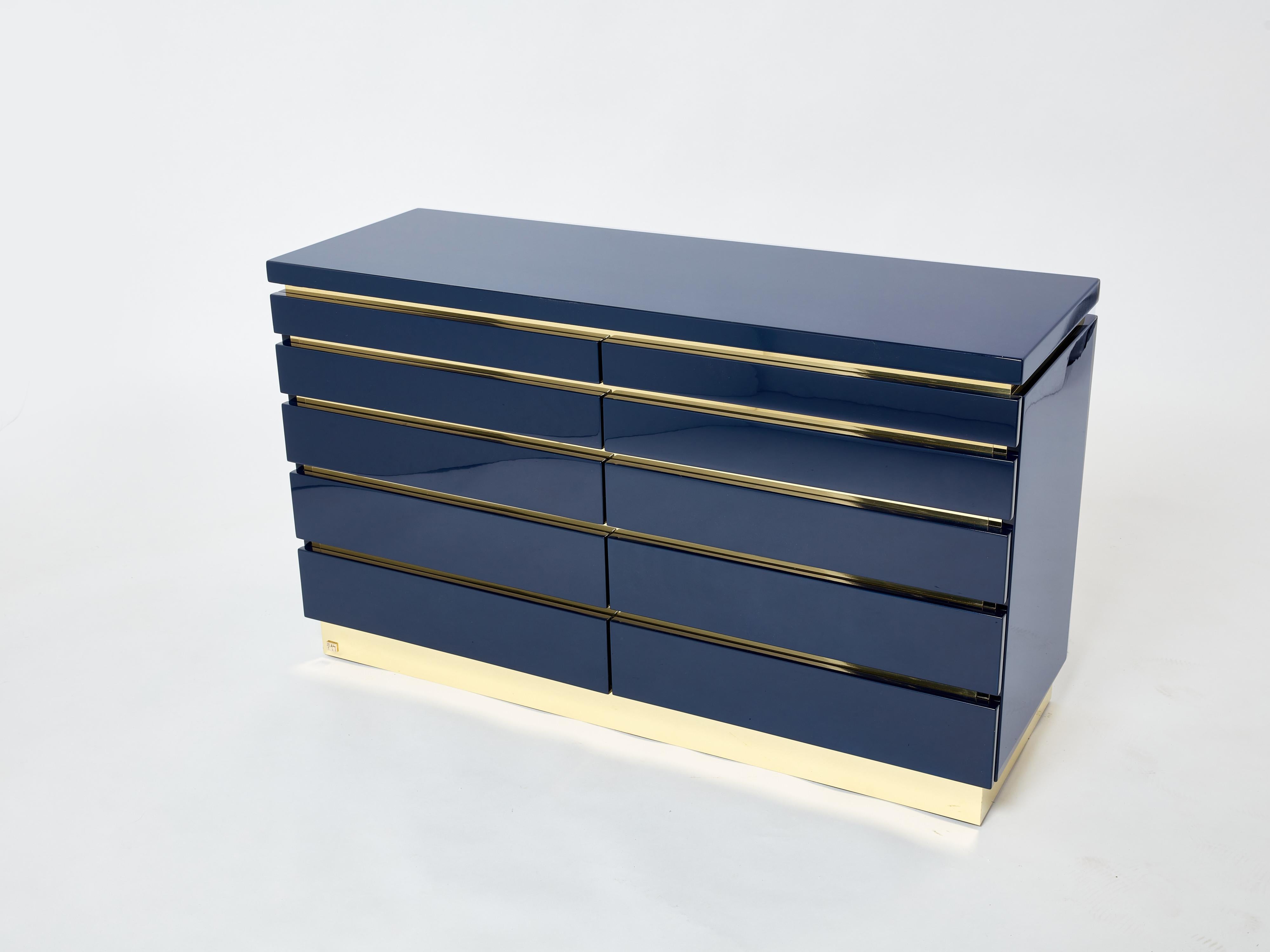 Pair of Jean-Claude Mahey Dark Blue Lacquered Brass Commodes, 1970s For Sale 8