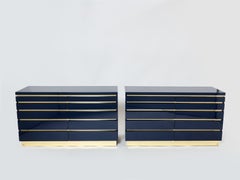 Pair of Jean-Claude Mahey Dark Blue Lacquered Brass Commodes, 1970s